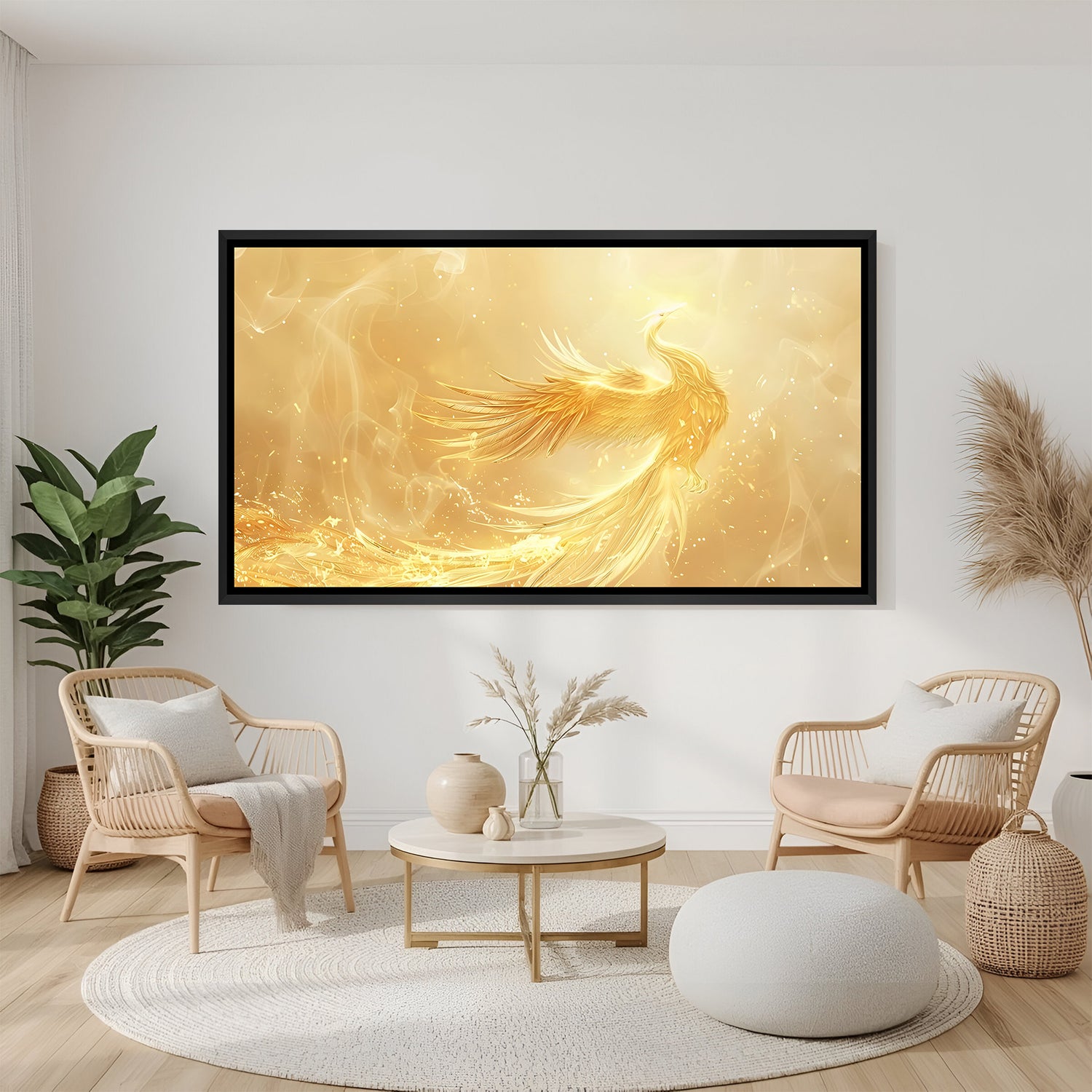 Elegant golden phoenix panorama artwork in black frame displayed on modern teal accent wall.