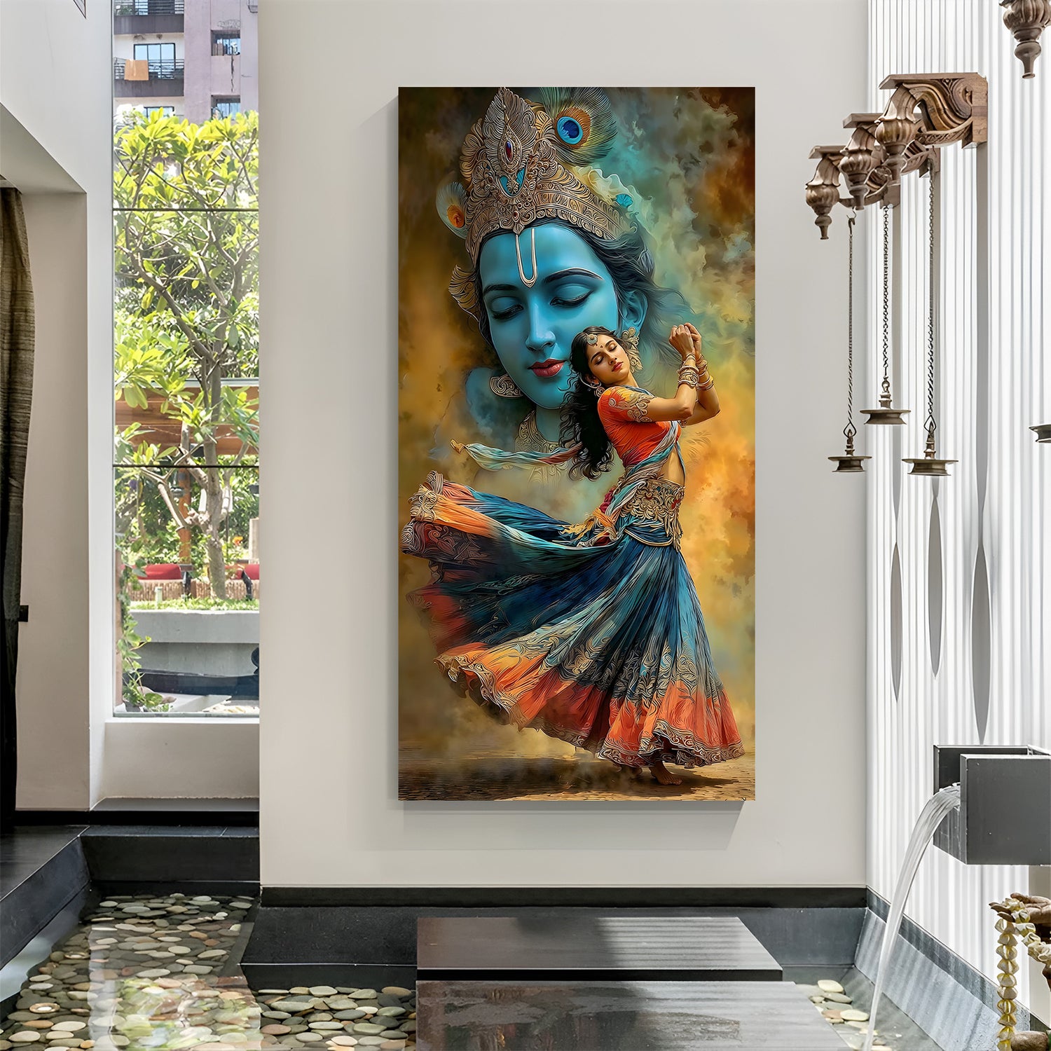 Radha dancing with Lord Krishna face behind her canvas wall art in canvas wrapped frame divine spiritual composition