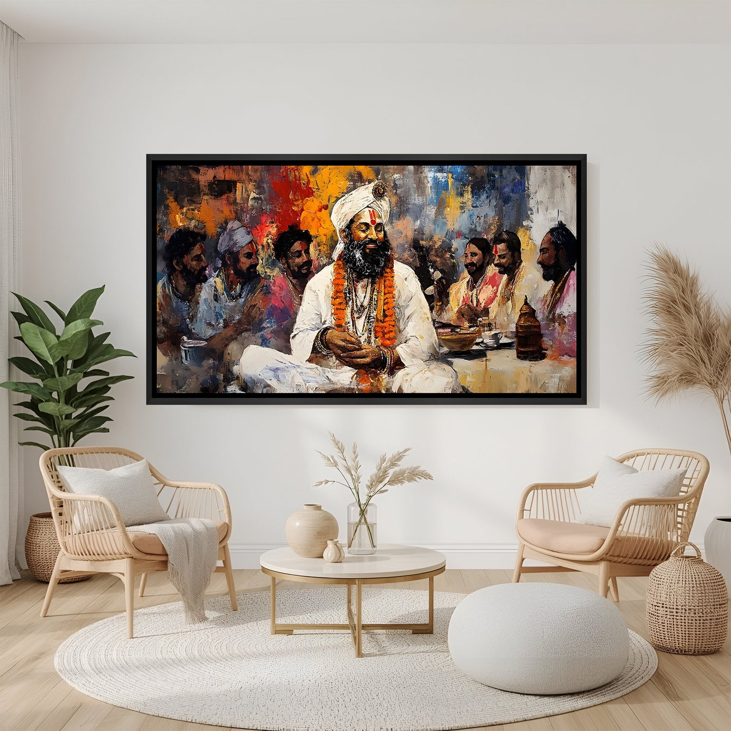 Ethnic style spiritual guru painting black floater frame wall decor