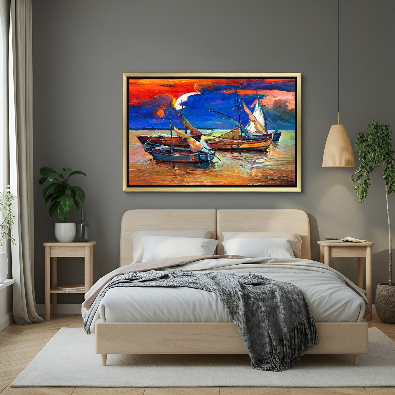Golden frame abstract canvas showing boats in water at dusk – elegant wall art with serene composition and painted style