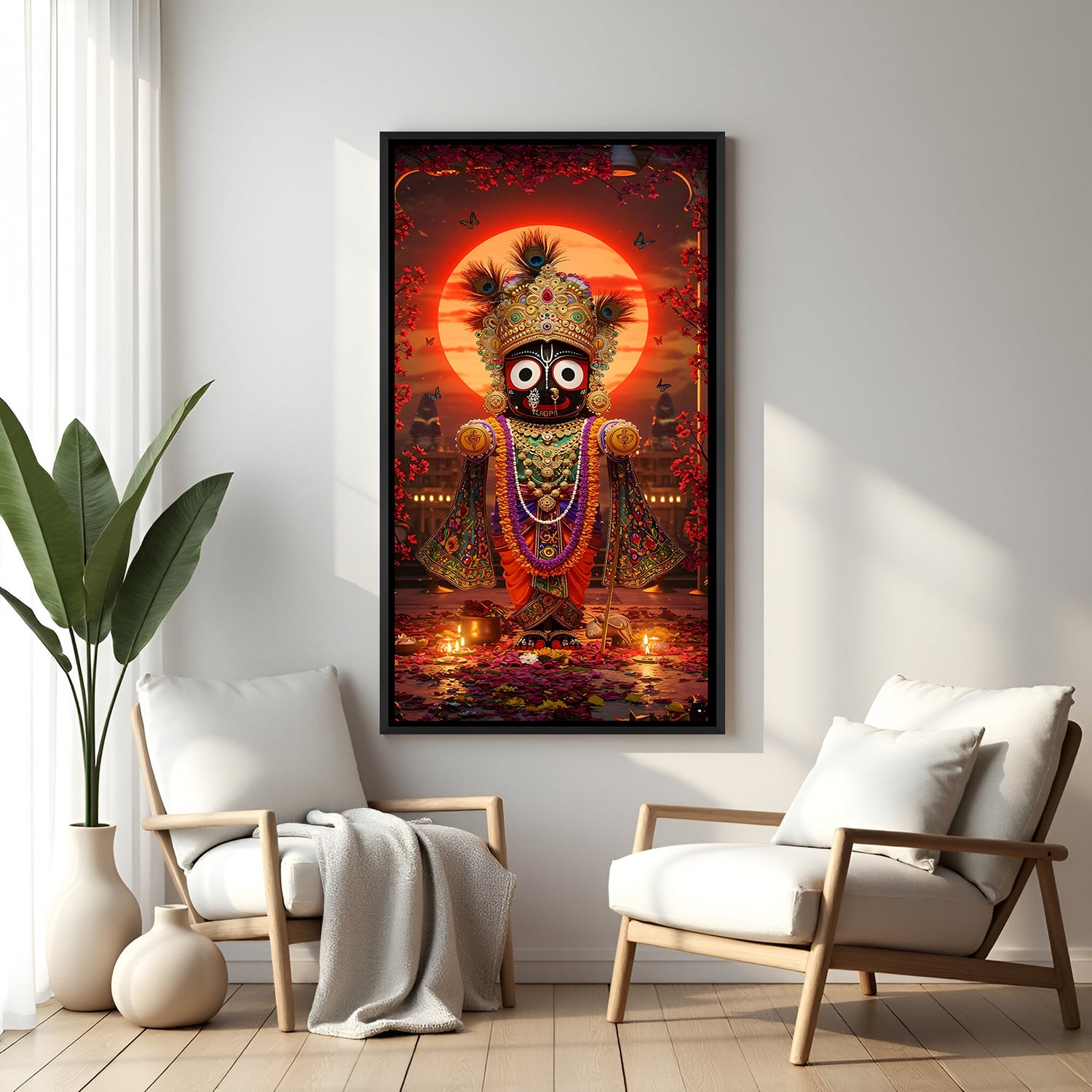 Lord Jagannath sunset artwork in black floater frame with temple background and diya lights.