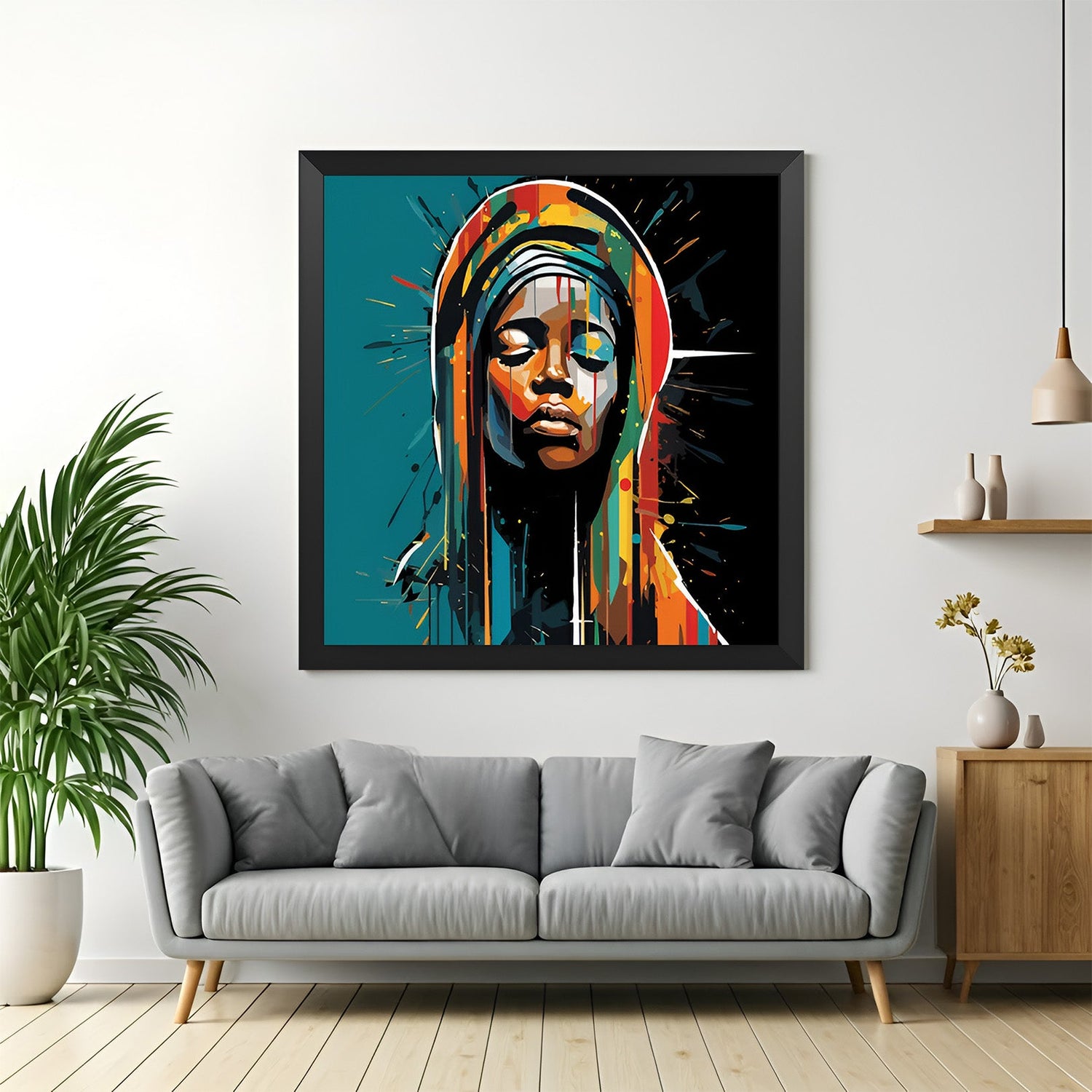 Framed large canvas of African girl in peaceful animated form with eyes shut, black floater frame ideal for modern minimalist spaces