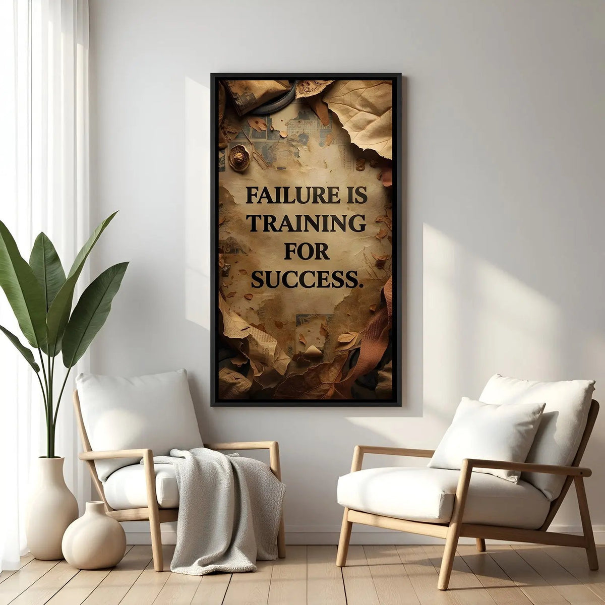 Motivational quote artwork in elegant black floater frame featuring Failure Is Training for Success typography