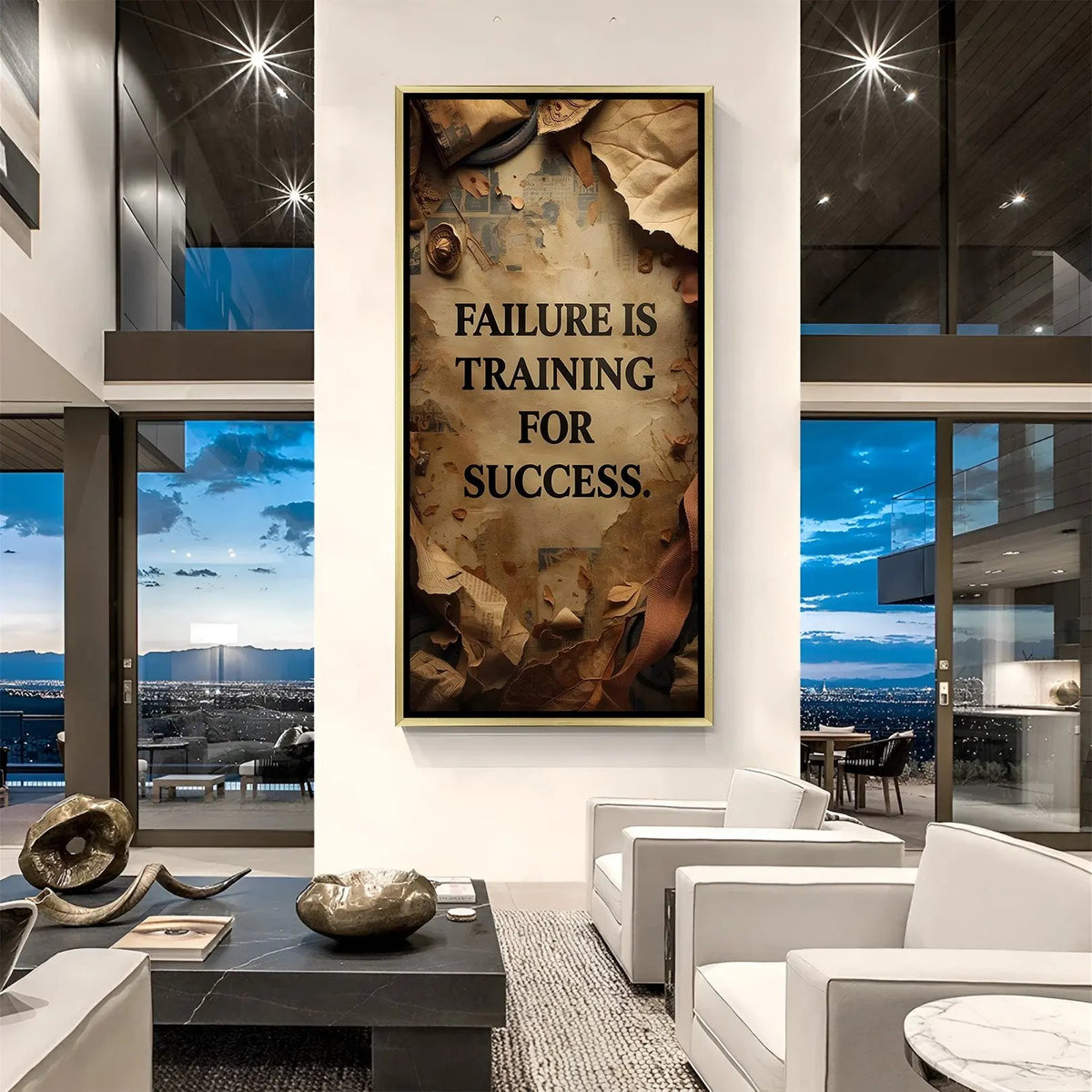 Failure Builds Success motivation quote canvas wall art in luxury golden floater frame with inspirational typography