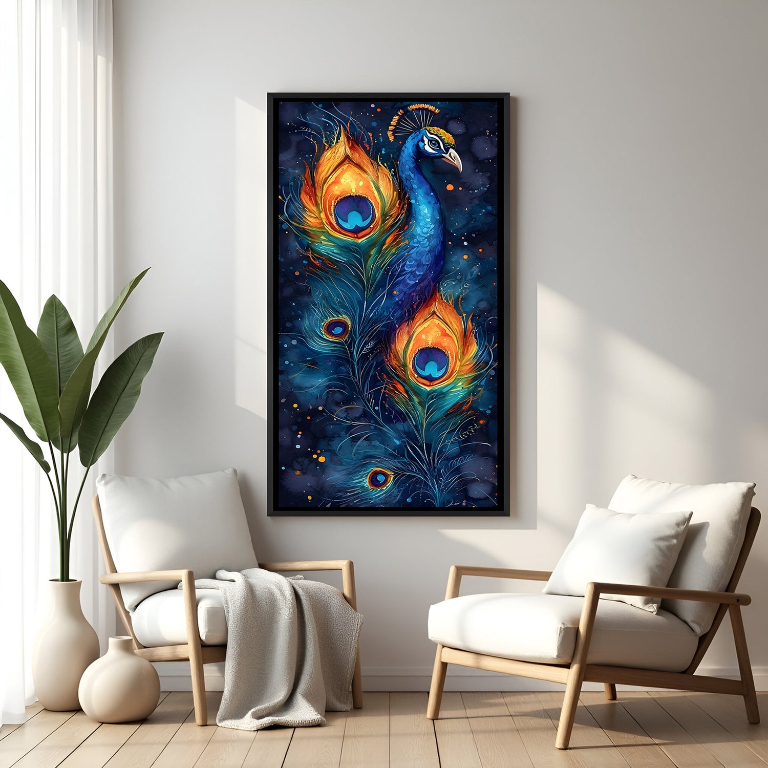 Elegant peacock wall painting with detailed feather patterns in modern black floater frame