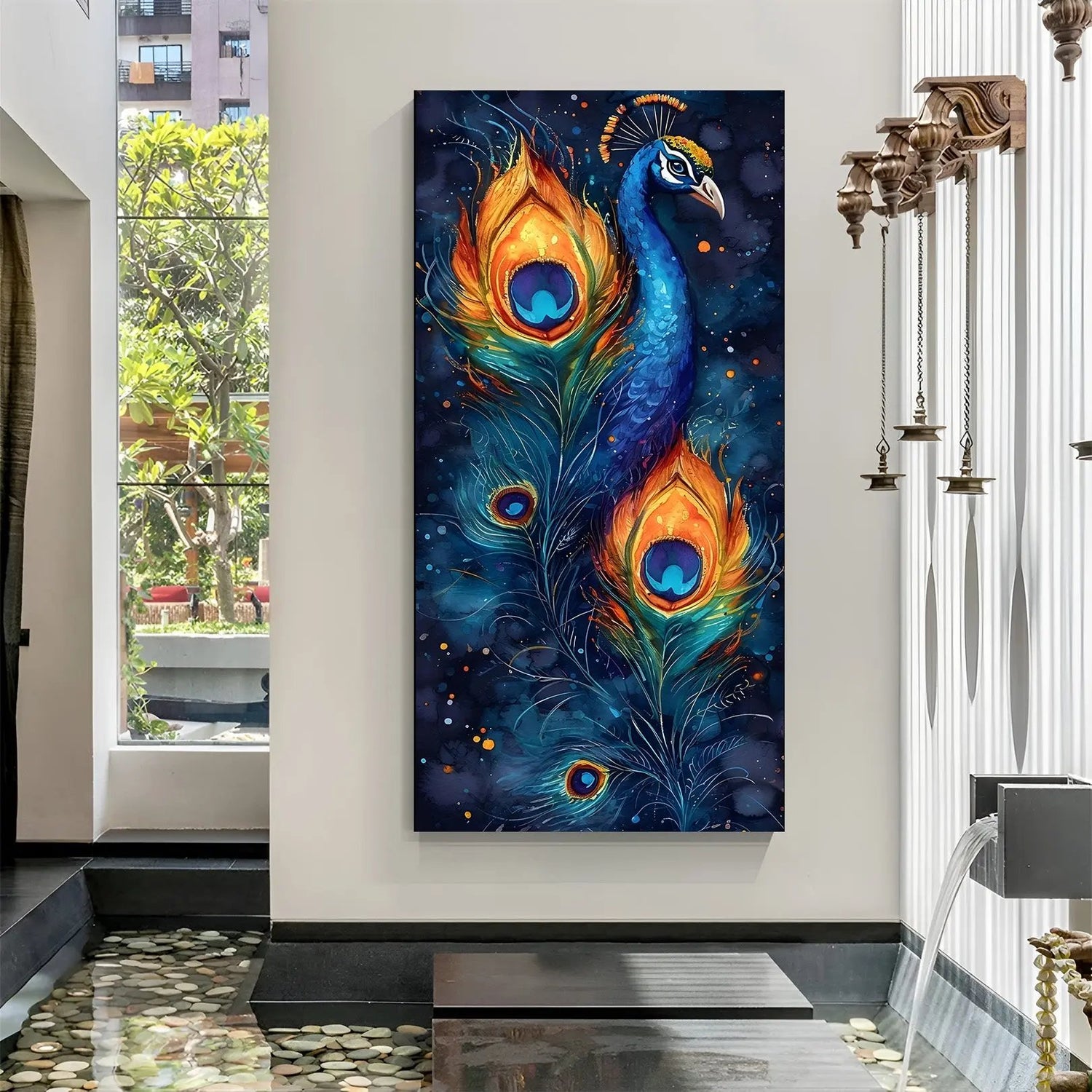 Majestic peacock canvas artwork showcasing vibrant feathers in premium canvas wrapped frame