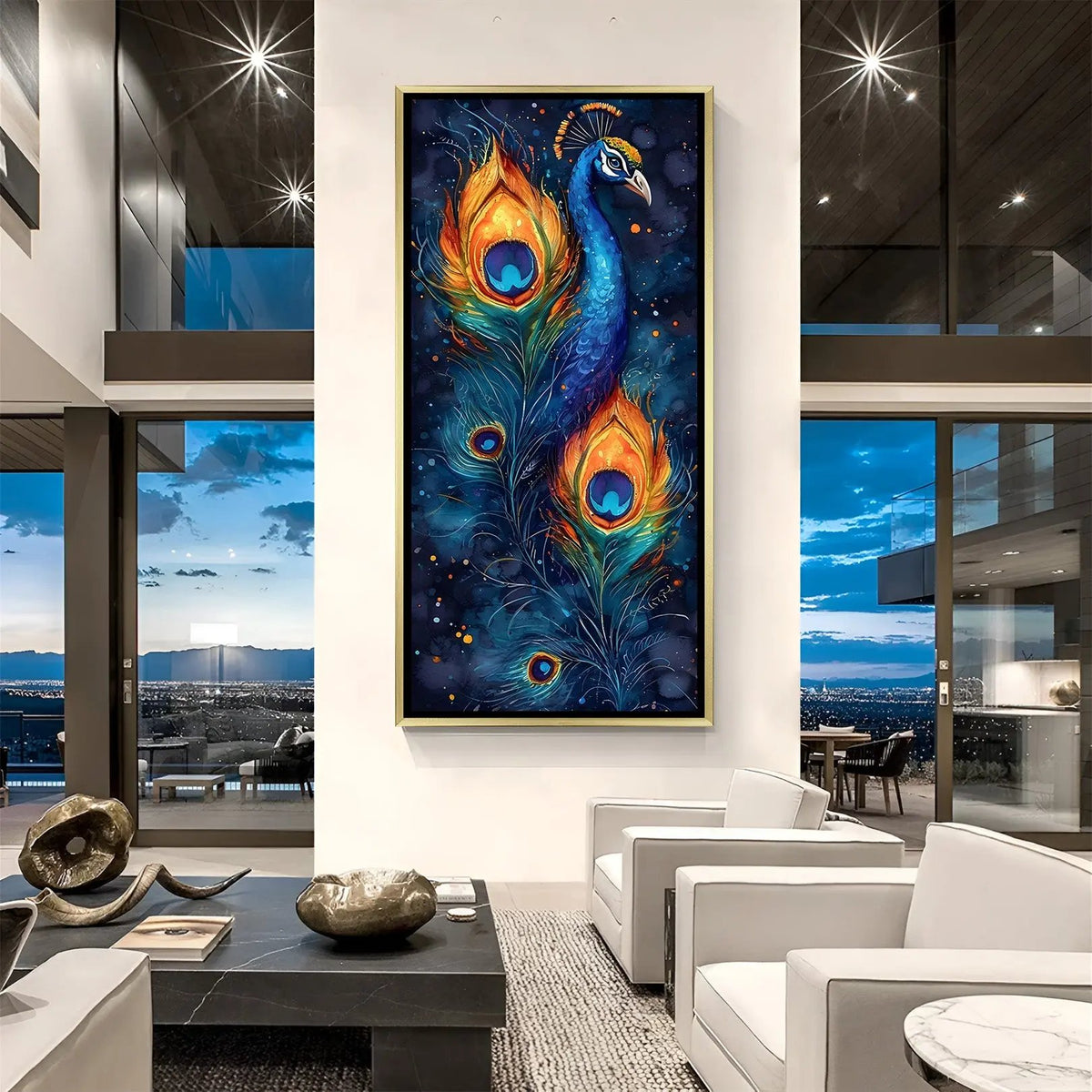 Feathers of Royal Elegance peacock artwork in luxury golden floater frame featuring graceful bird portrait