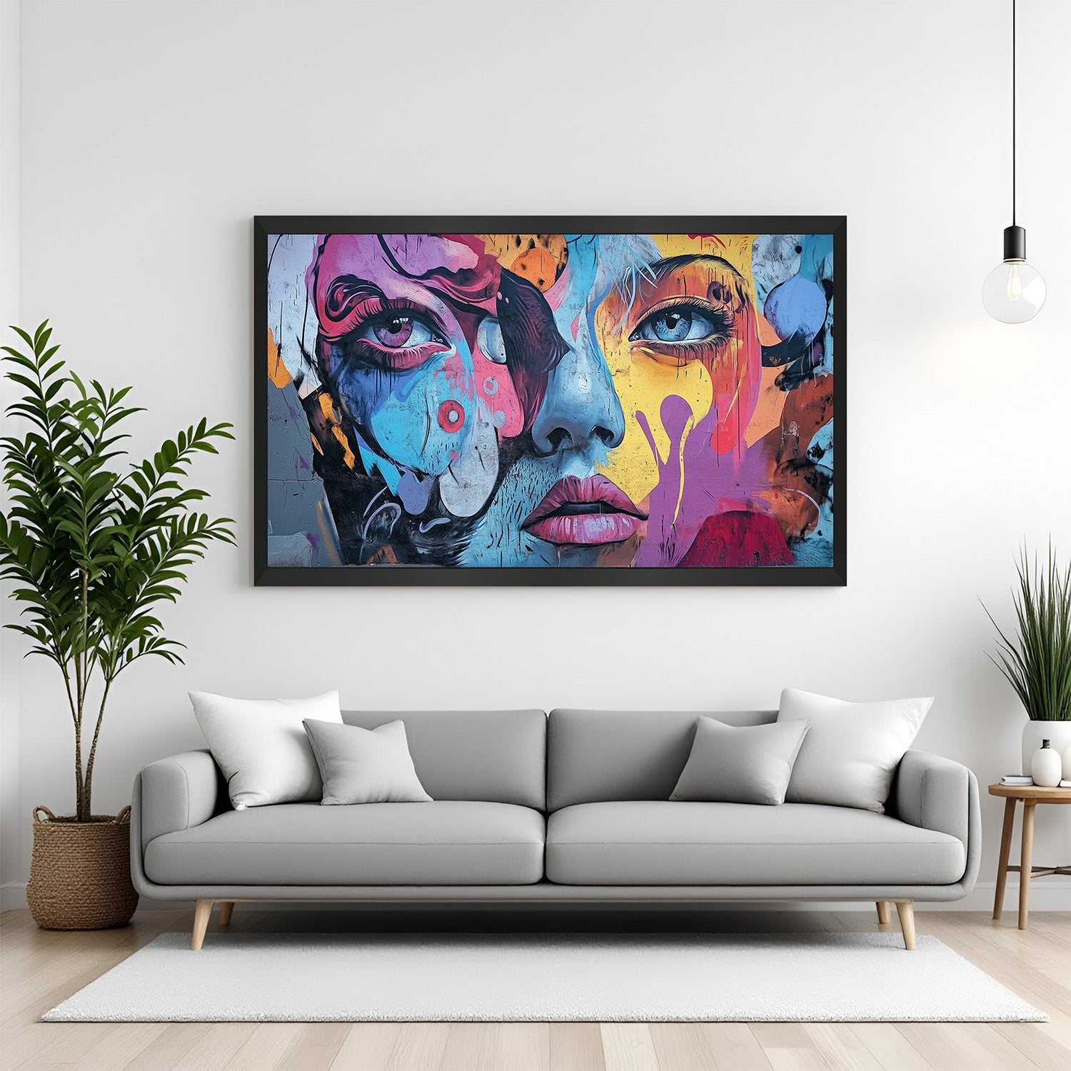 Black framed canvas of abstract female face with random paint splashes
