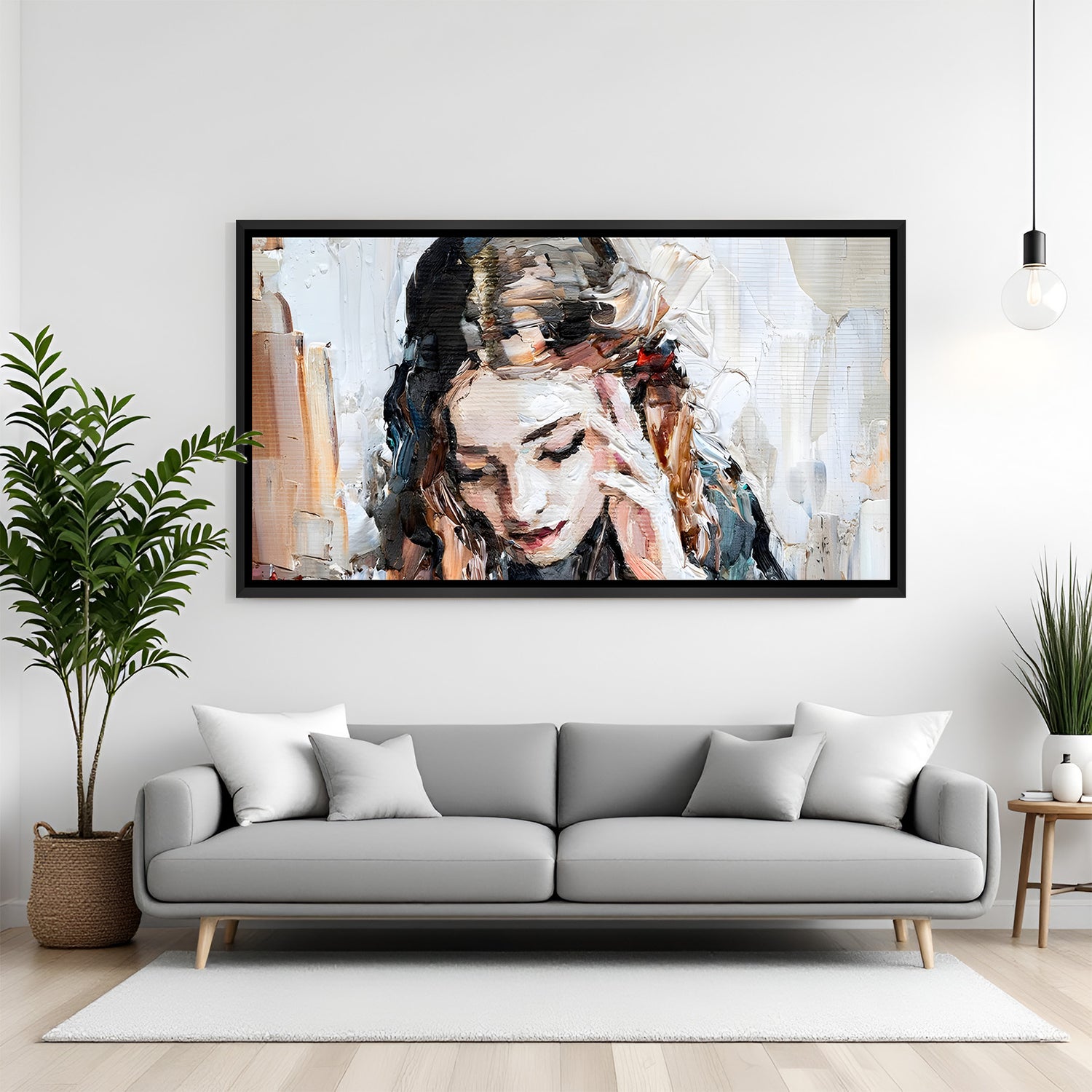 Modern female portrait wall art in black floater frame with minimalist and elegant artistic style