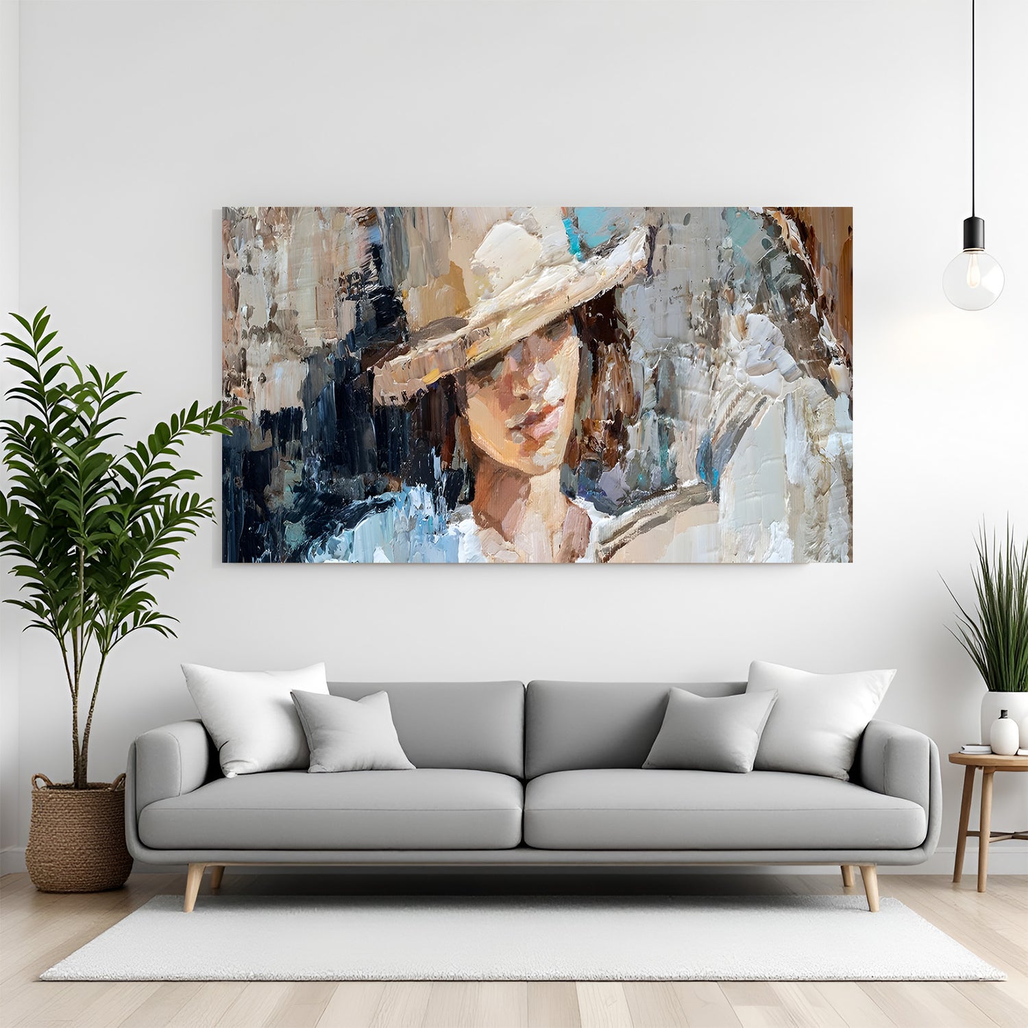 Female face wearing hat modern art canvas wall painting in canvas wrapped frame with elegant contemporary portrait style