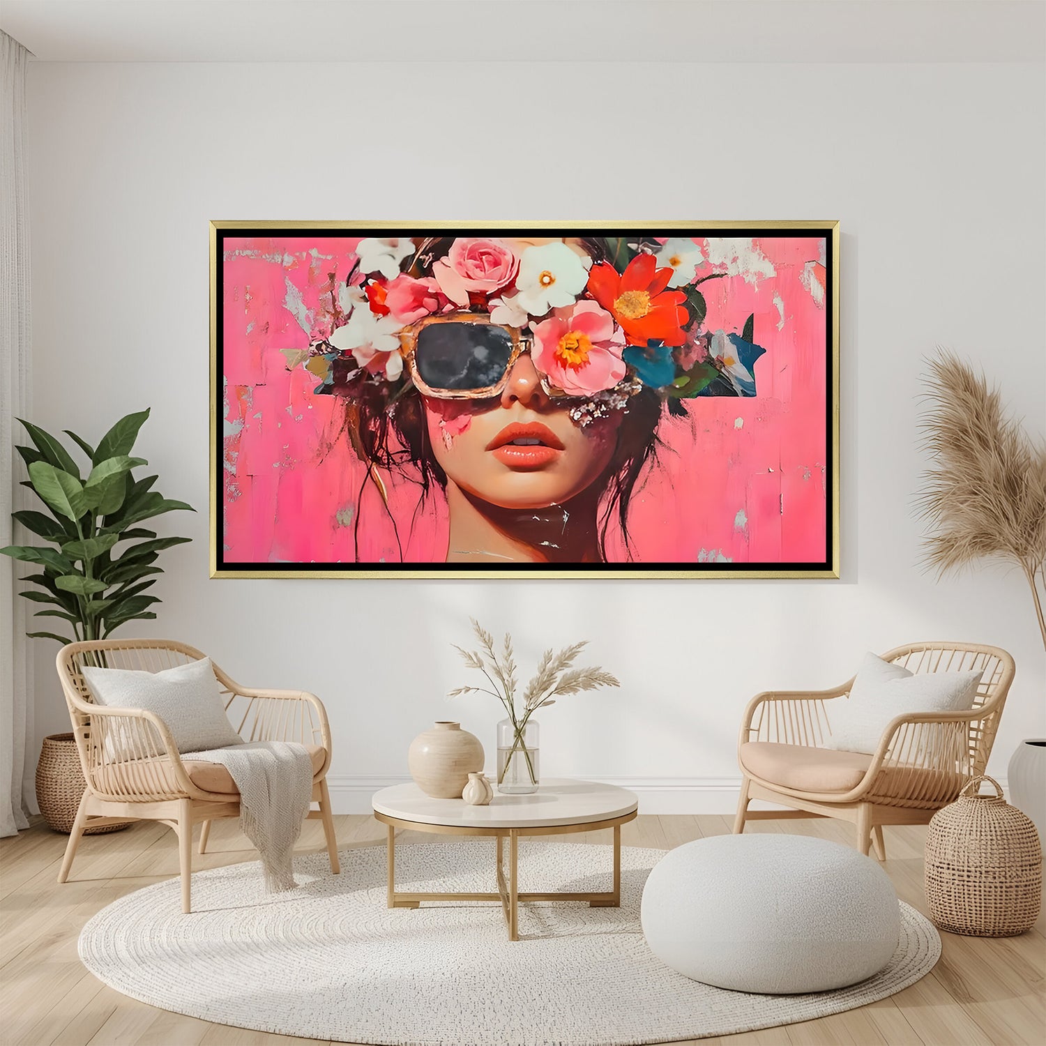 Female face floral modern canvas art with glasses in white floater frame ideal for aesthetic interiors