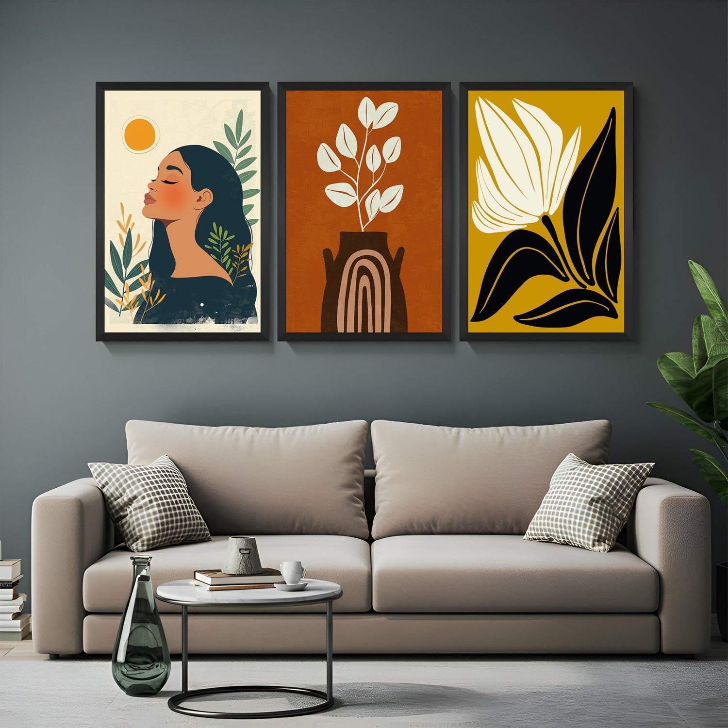 Set of 3 boho canvas prints featuring a female face artwork, potted flower art, and floral design – perfect for calm and stylish spaces