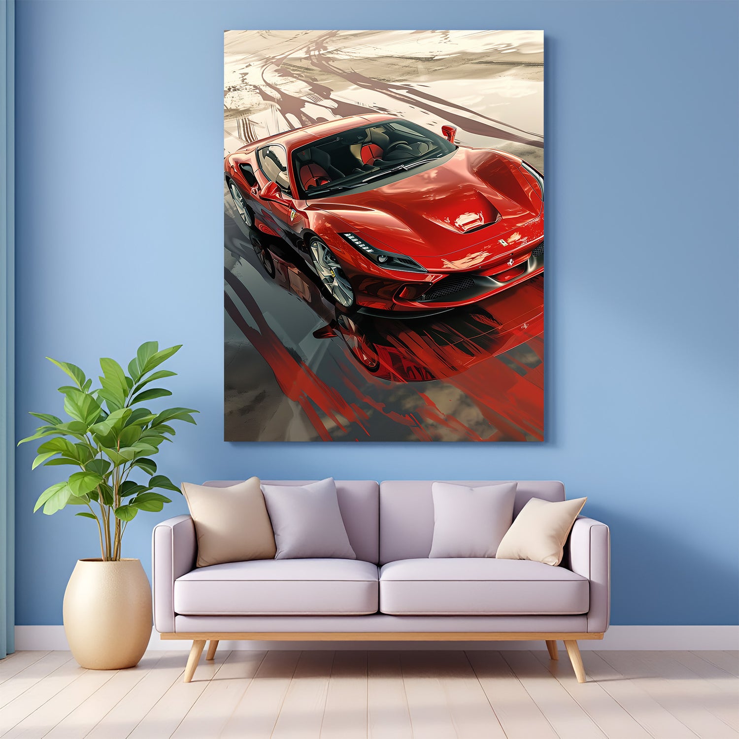 Canvas wall art featuring a red Ferrari F8 Tributo, showcasing the dynamic beauty of Italian supercars for modern car-inspired interiors