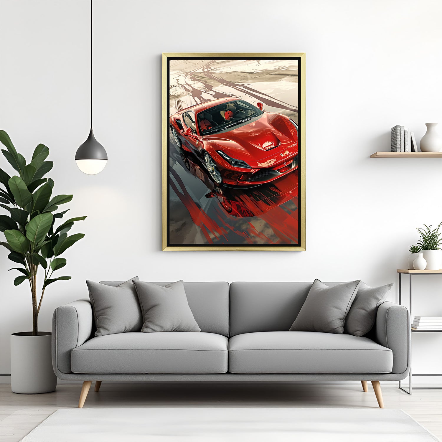 Golden frame canvas print of Ferrari F8 Tributo, perfect for premium interiors, celebrating speed, craftsmanship, and automotive style