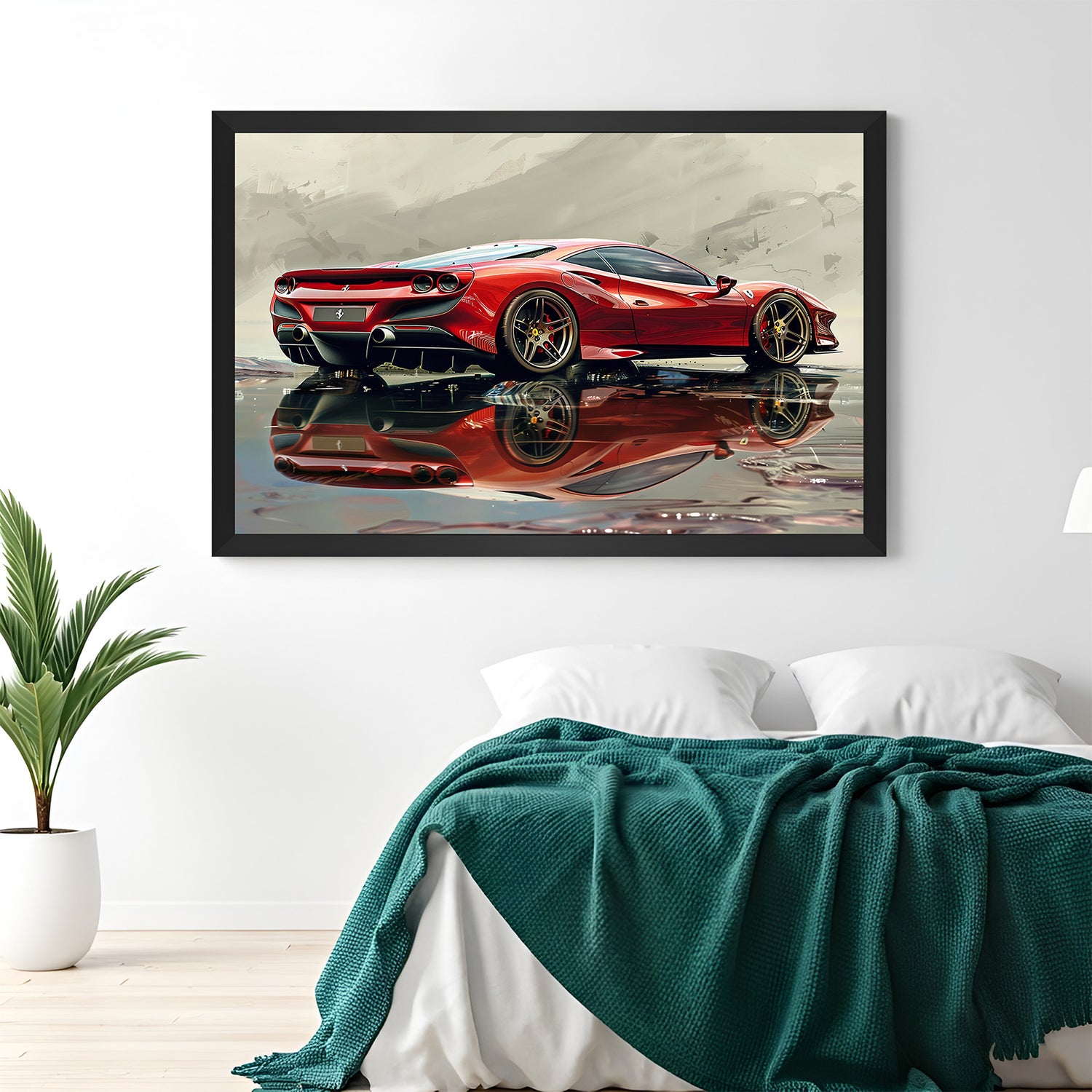 Red Ferrari canvas print in black floater frame, ideal for automotive interiors, modern homes, or workspace walls