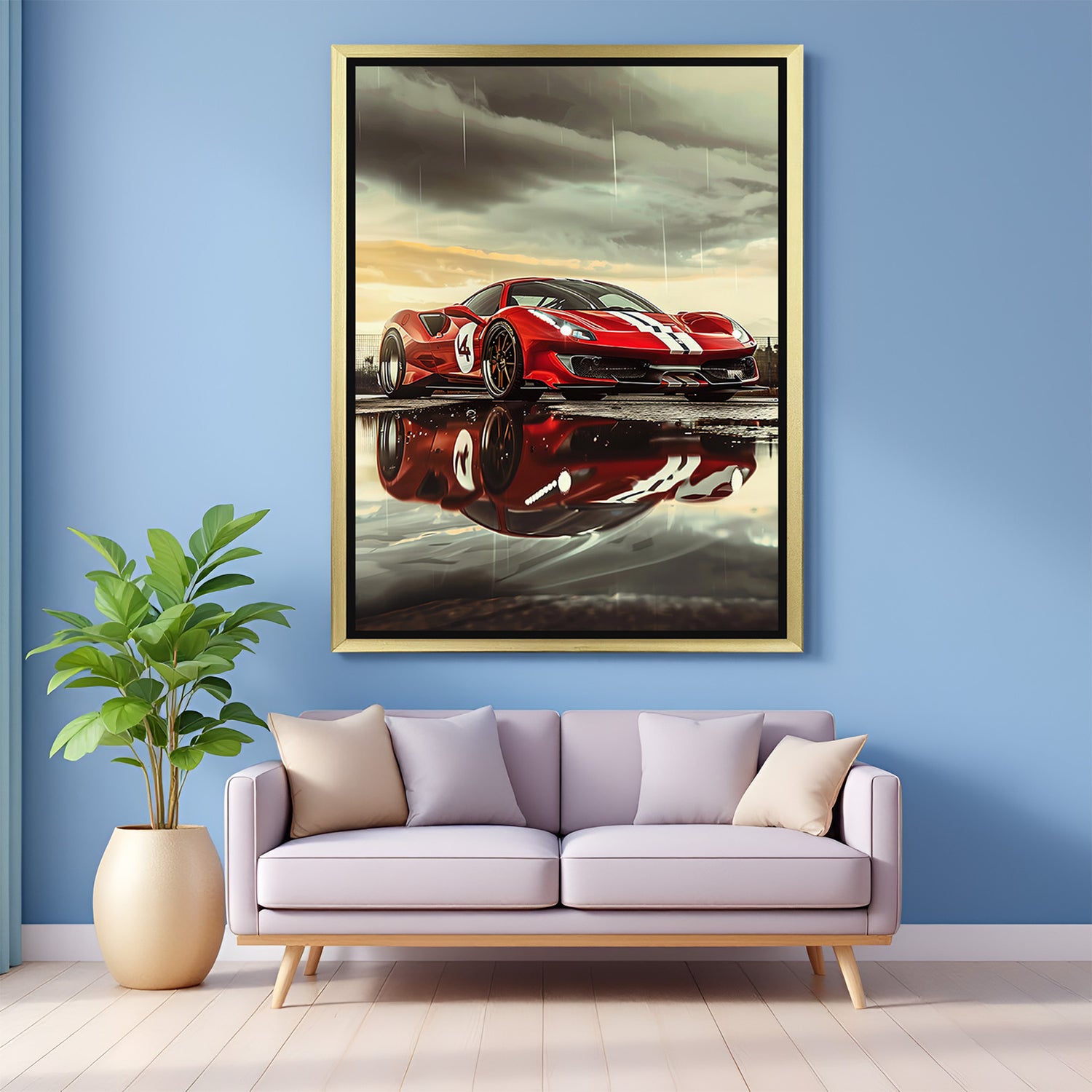 Golden frame Ferrari wall art featuring a rainy day scene, ideal for stylish decor, car-themed rooms, and premium spaces