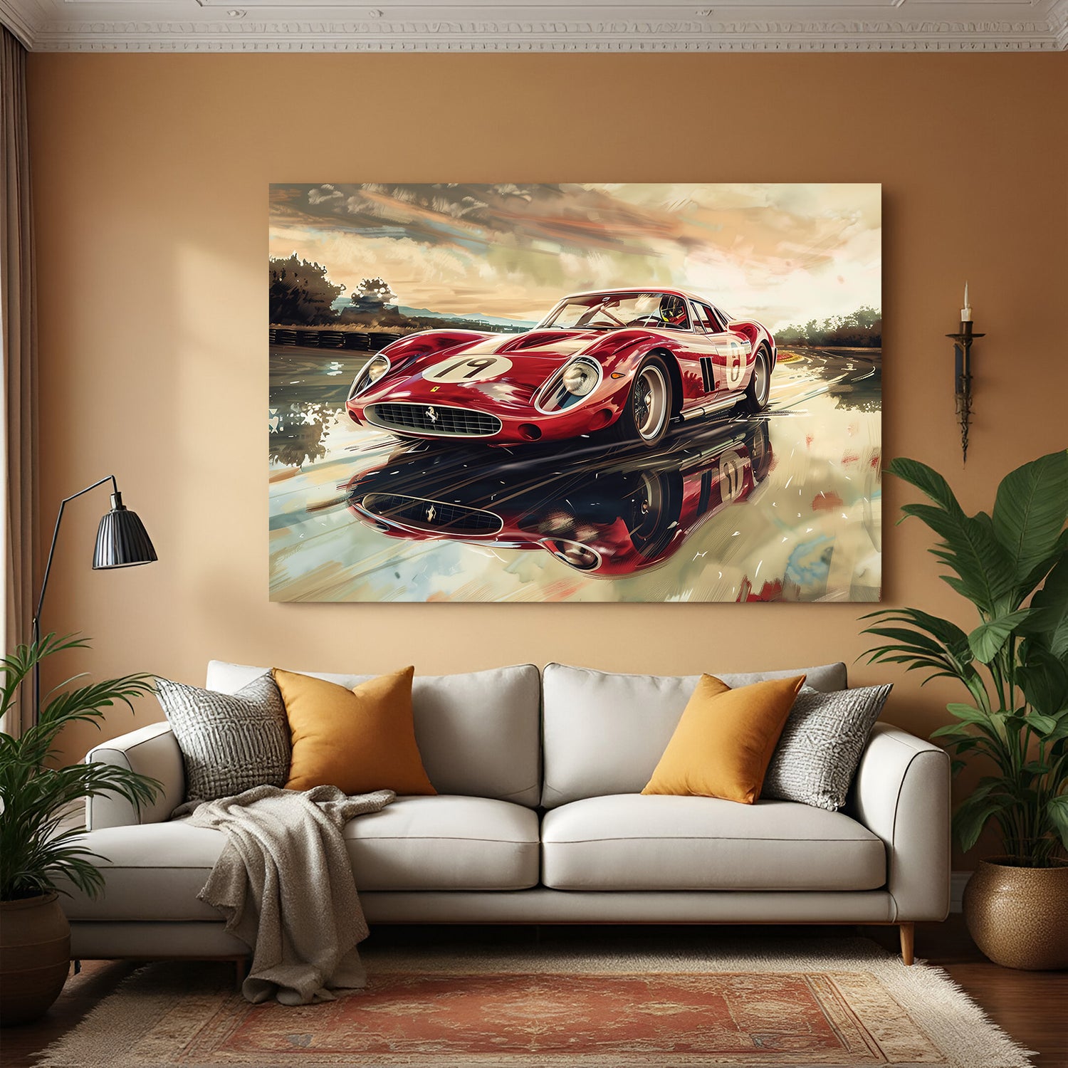 Canvas wall art of a Ferrari running at speed—perfect for adding energy and car passion to stylish interiors