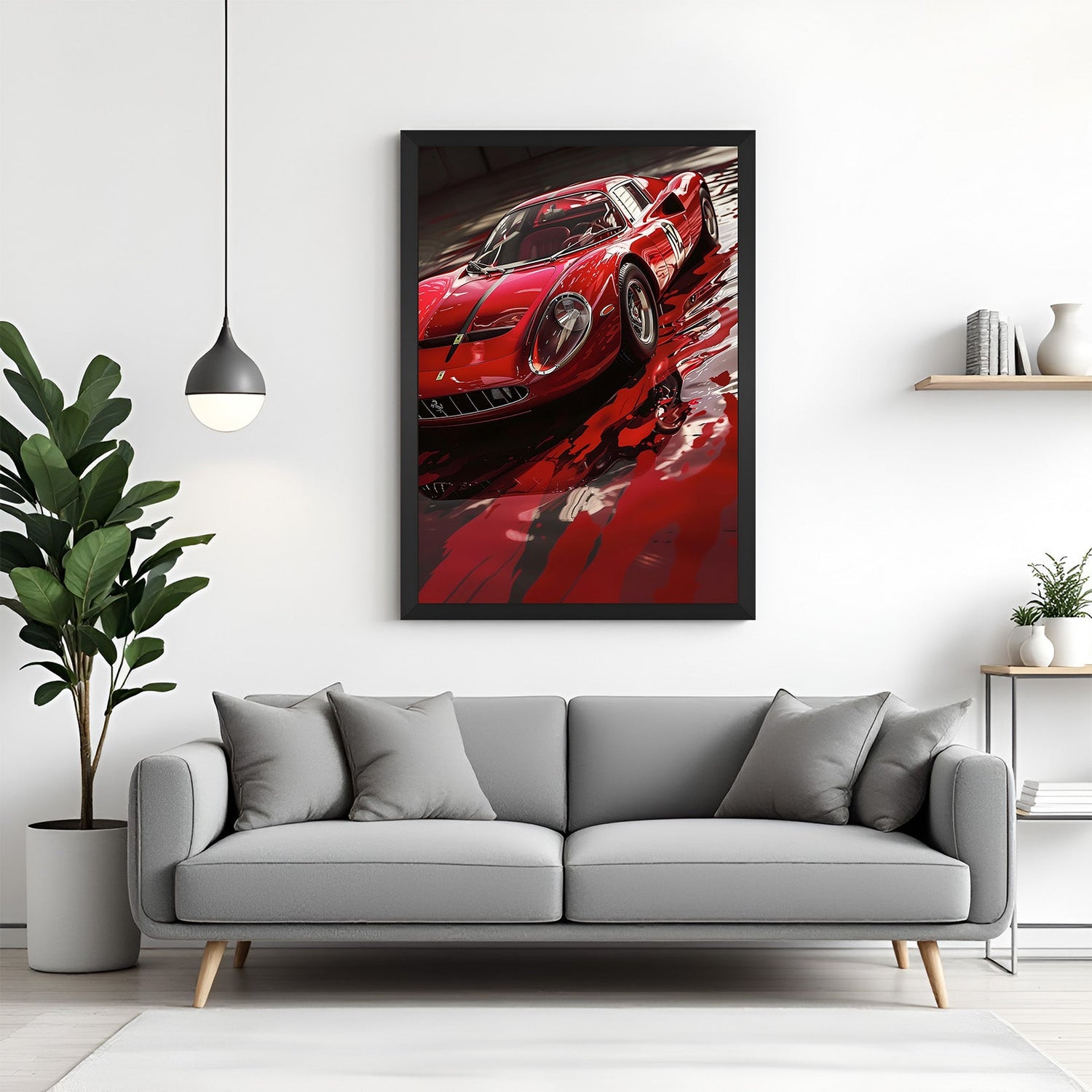Ferrari canvas wall art in black floater frame, ideal for car lovers' rooms, offices, or man caves with a sleek and sporty look