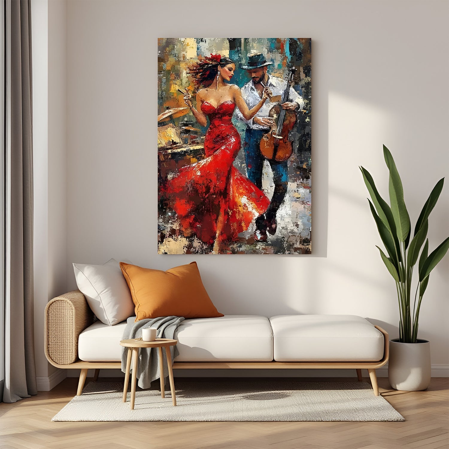 Fiery dance and music canvas wall art wrapped on stretcher frame displayed in modern living room