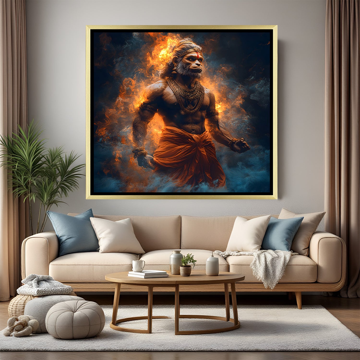 Fiery Hanuman Ji wall art in elegant golden floater frame displayed above sofa in modern home decor.