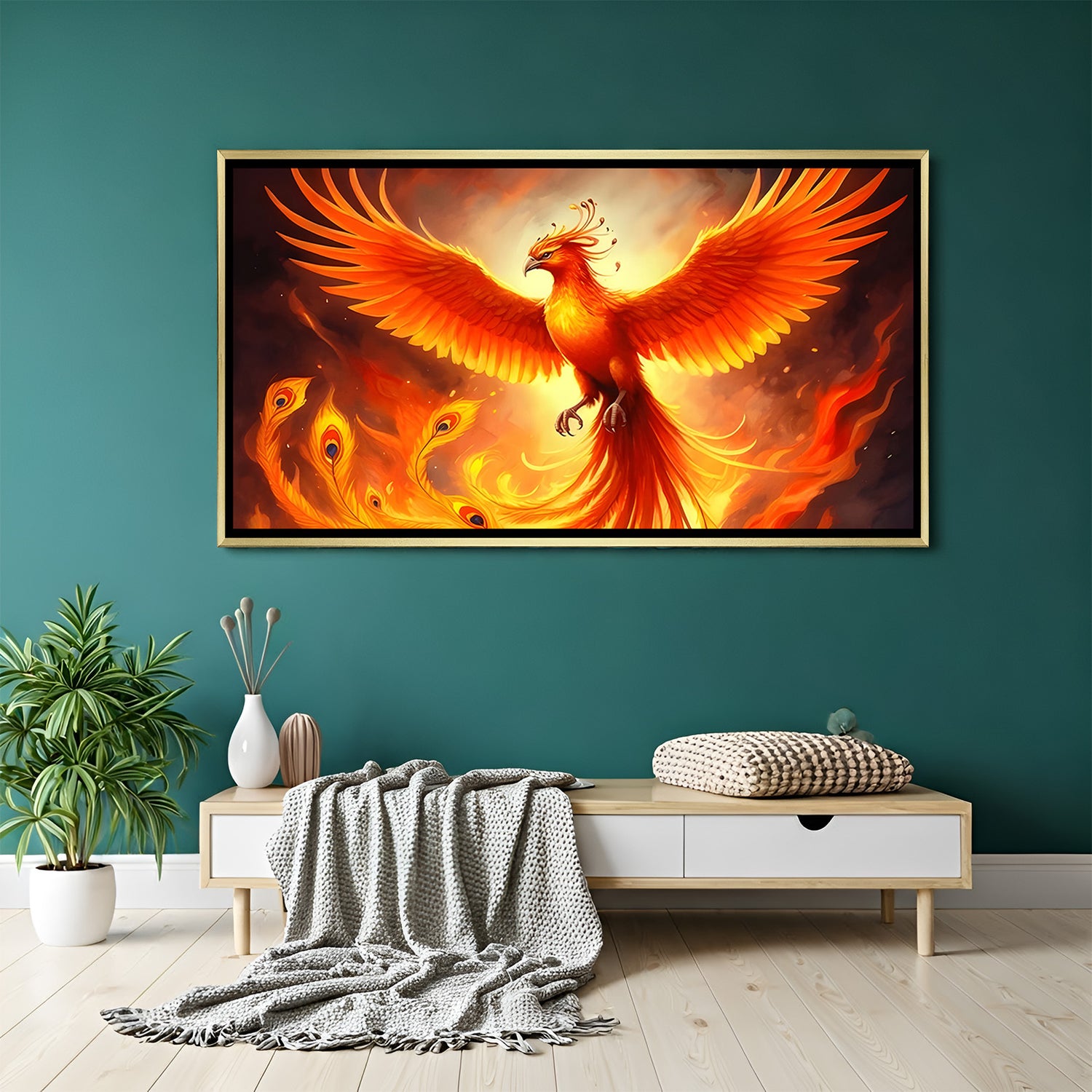 Luxury phoenix wall art in gold frame featuring blazing wings and radiant fire tones.