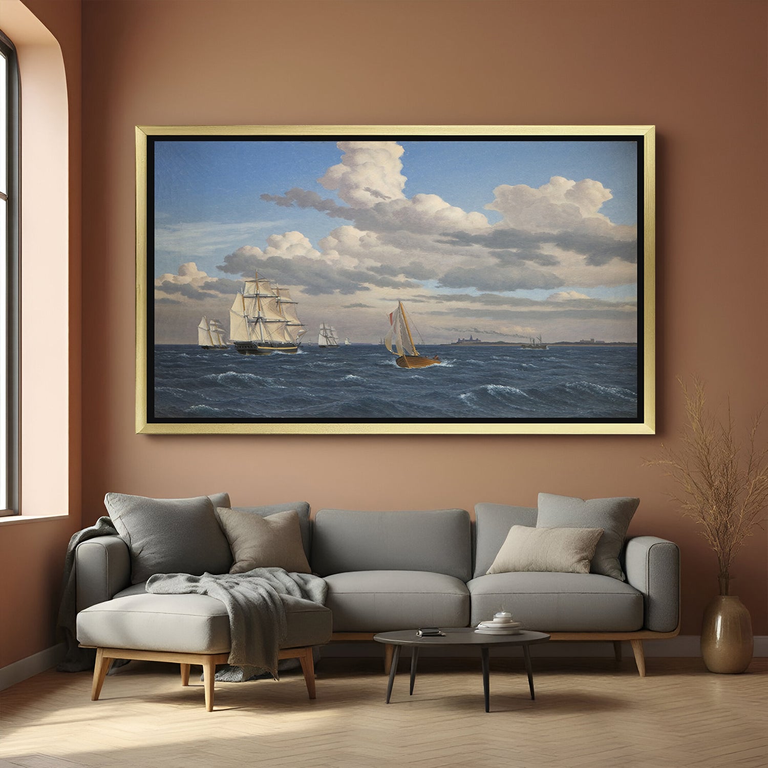 Golden-framed canvas wall art of fighter ships on sea—ancient maritime decor for bold interiors