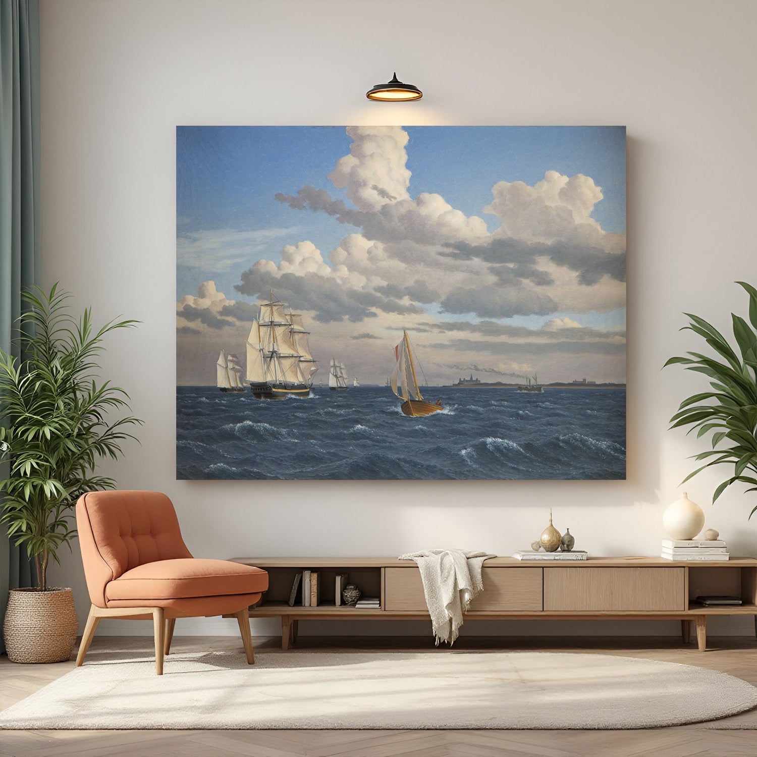 Vintage canvas wall art of fighter ships at sea—dramatic naval scene with choppy ocean and cloudy skies