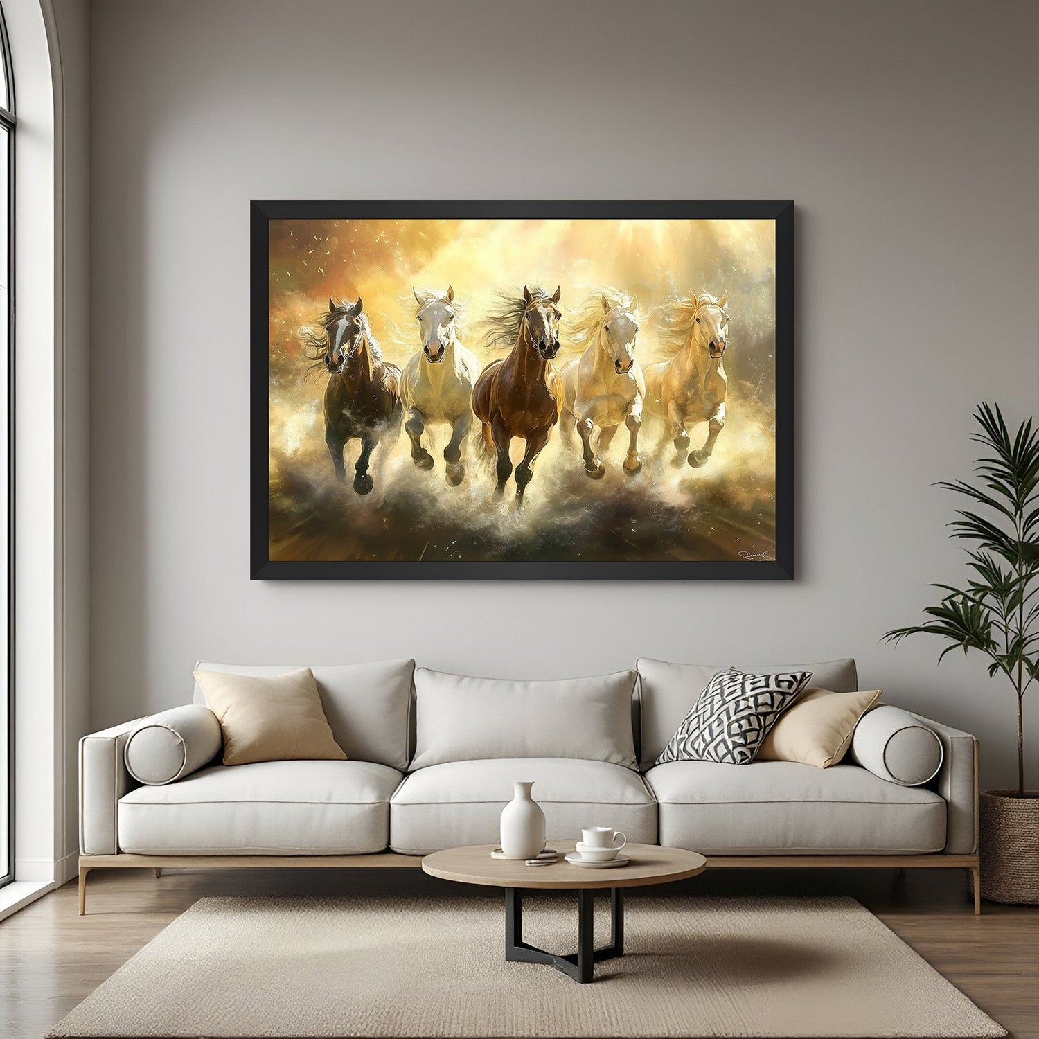 Five horse vastu canvas with black floater frame inspiring momentum, success, and balance in contemporary interiors