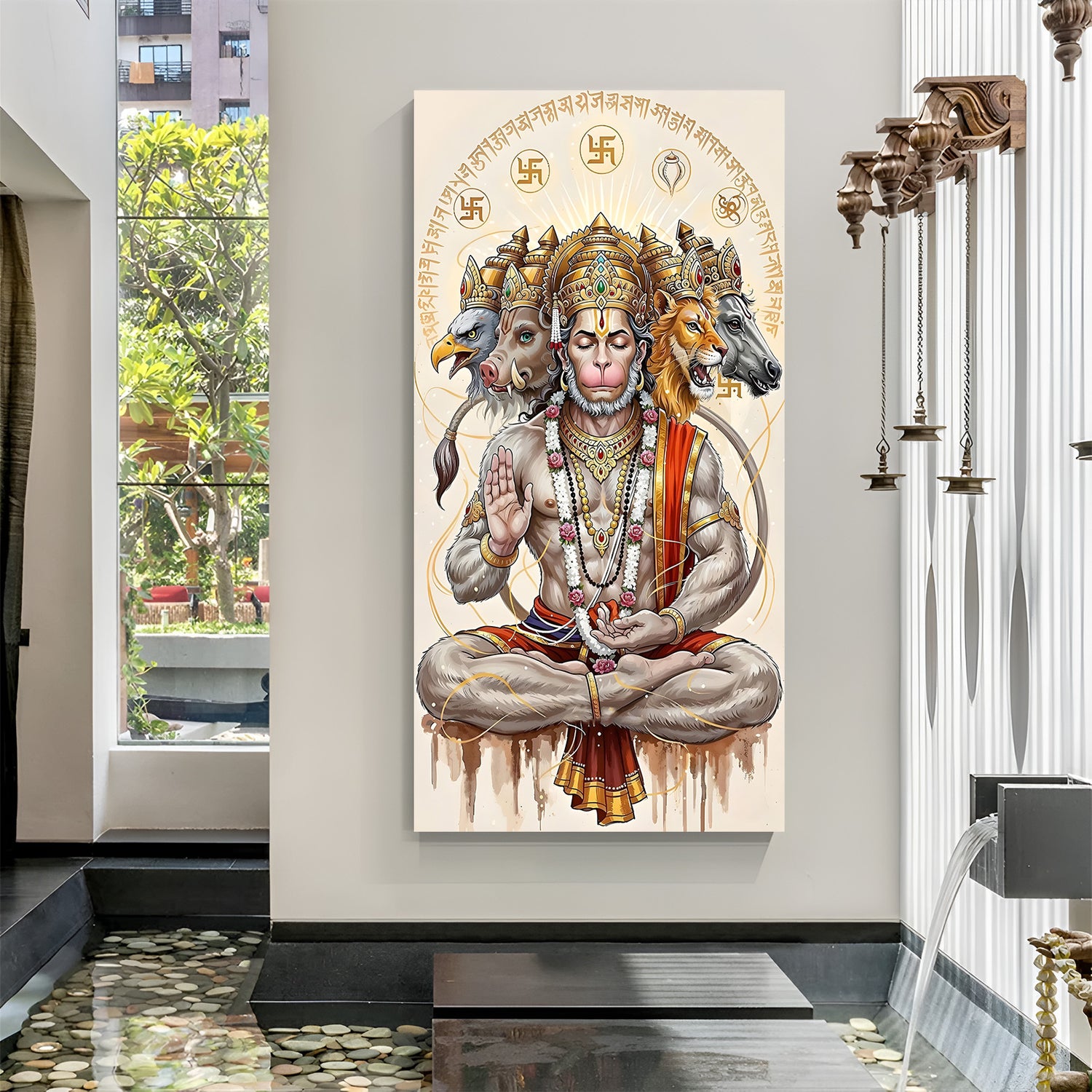 Panchmukhi Hanuman canvas artwork featuring the sacred five-faced form in premium canvas wrapped frame