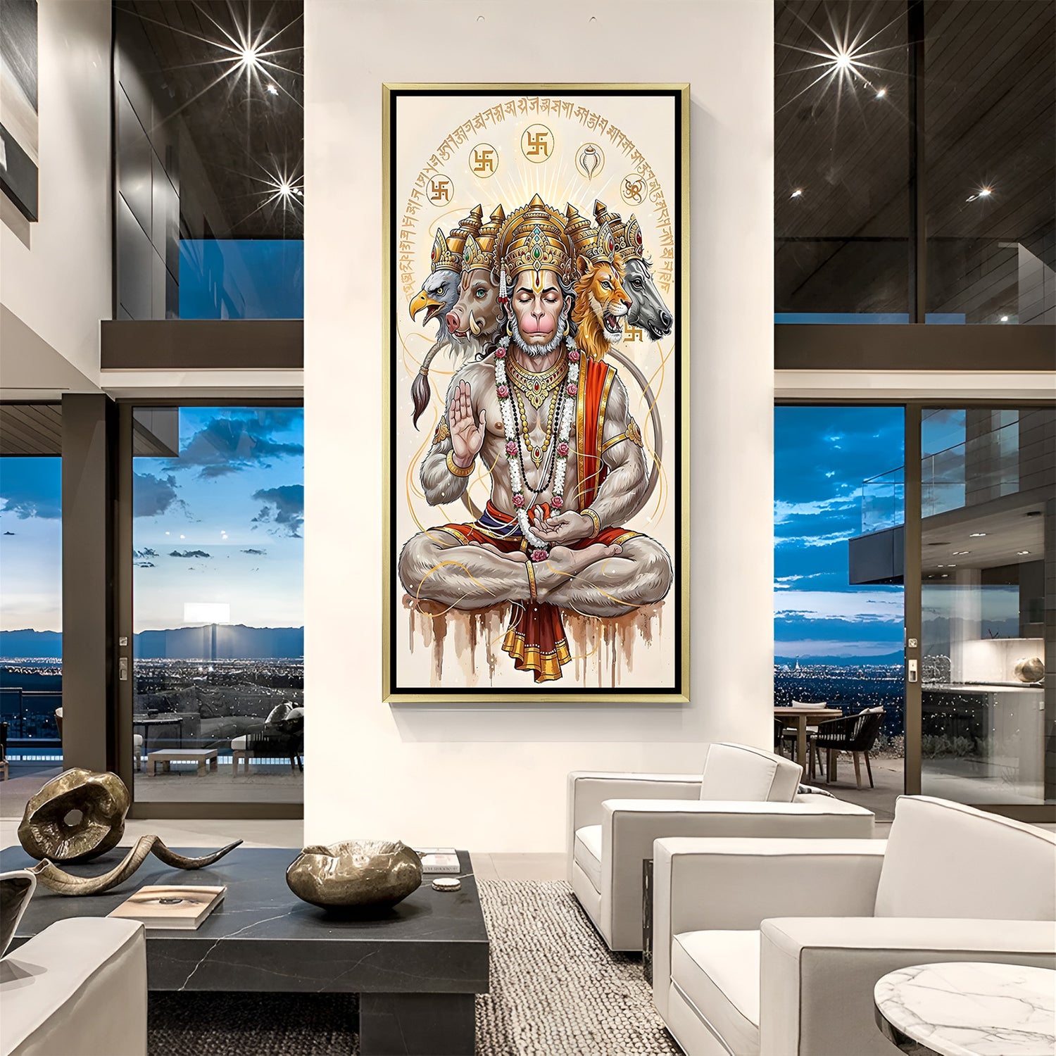 Fivefold Divine Guardian Panchmukhi Hanuman artwork in luxury golden floater frame