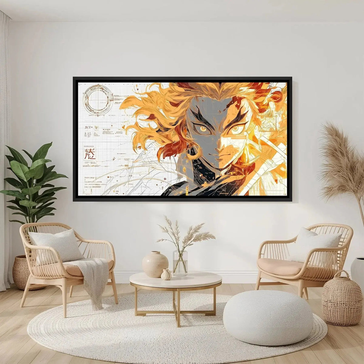 Rengoku face anime artwork in elegant black floater frame featuring intense flame-themed portrait