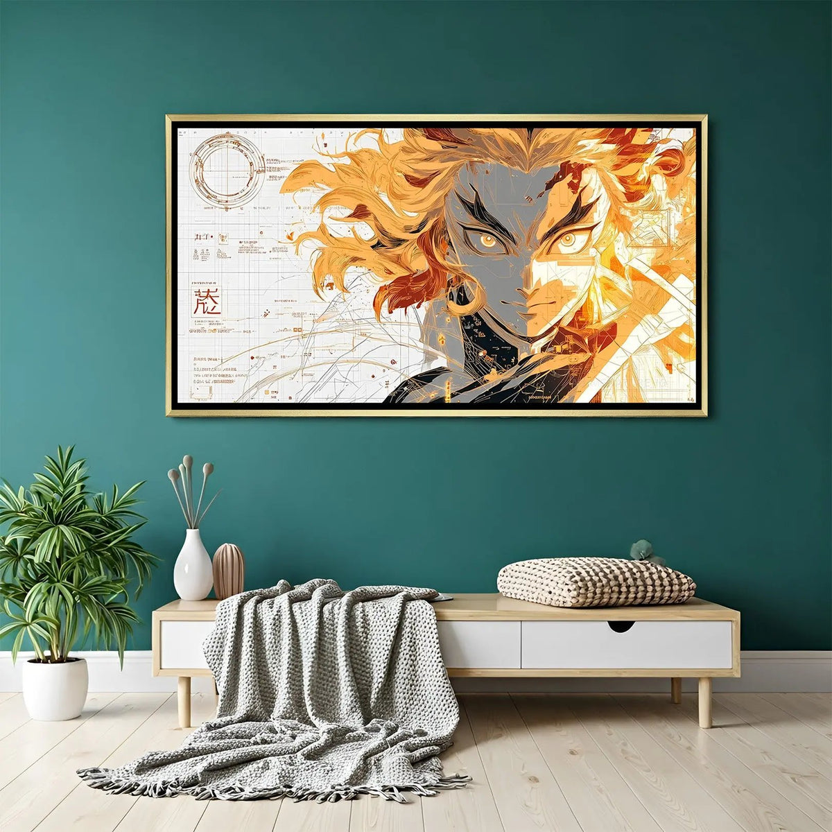 Luxury Rengoku anime canvas artwork in golden floater frame with vibrant fiery character design