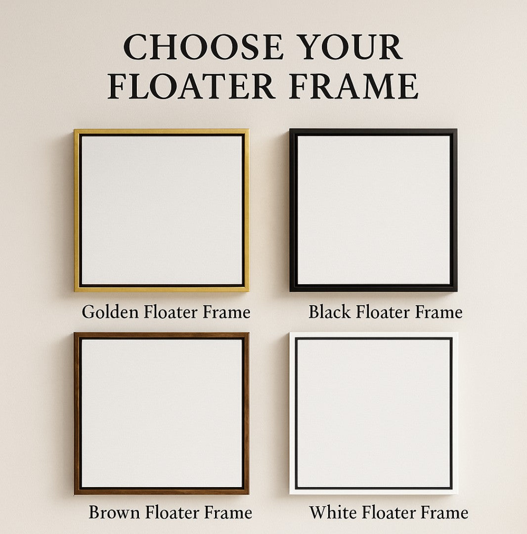 Image showing four floater frame color options for canvas wall art: gold, black, brown, and white, displayed side by side to help visualize framing choices for different interior styles.