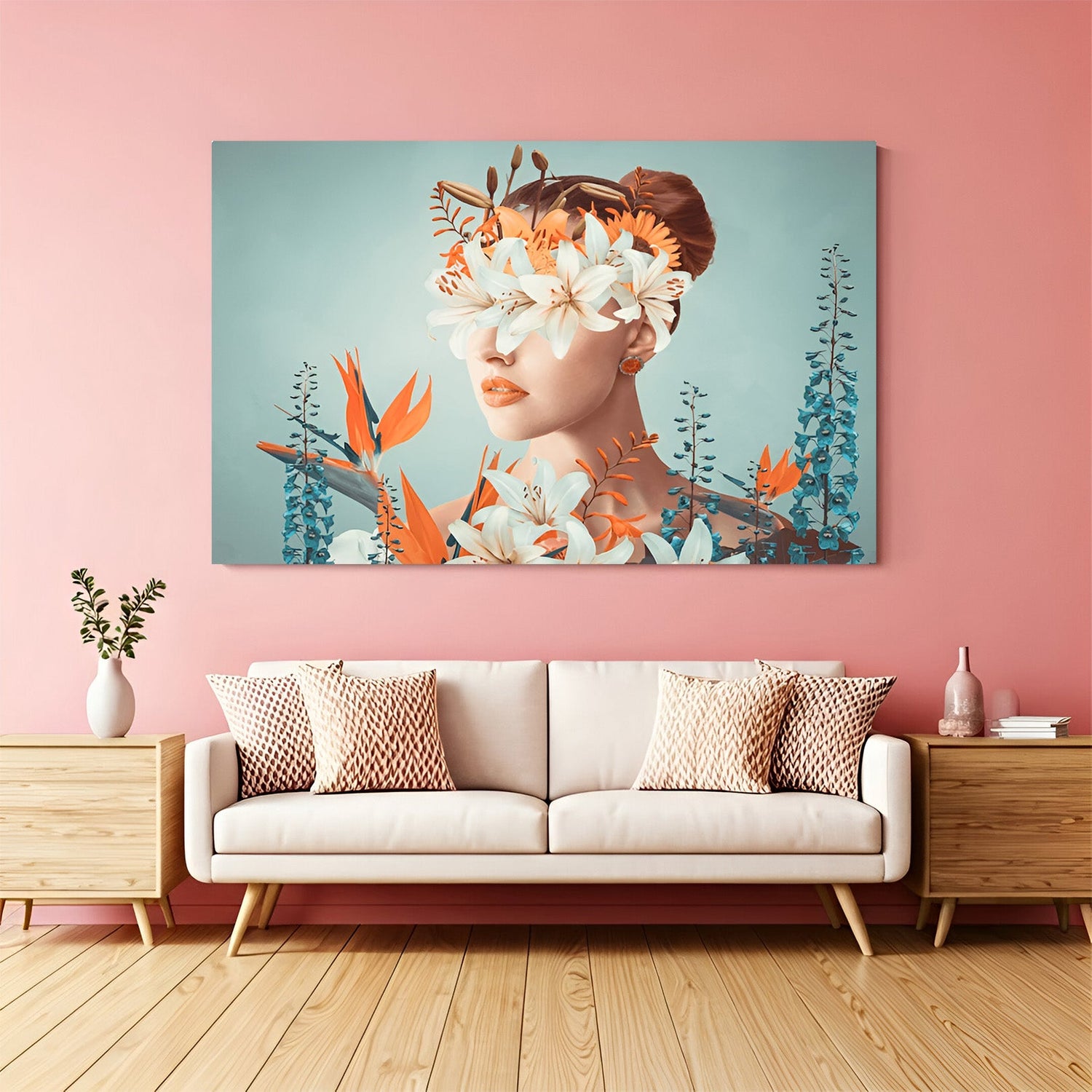 Modern canvas wall art featuring a beautiful woman with eyes covered in flowers and floral elements scattered around, perfect for elegant home decor.