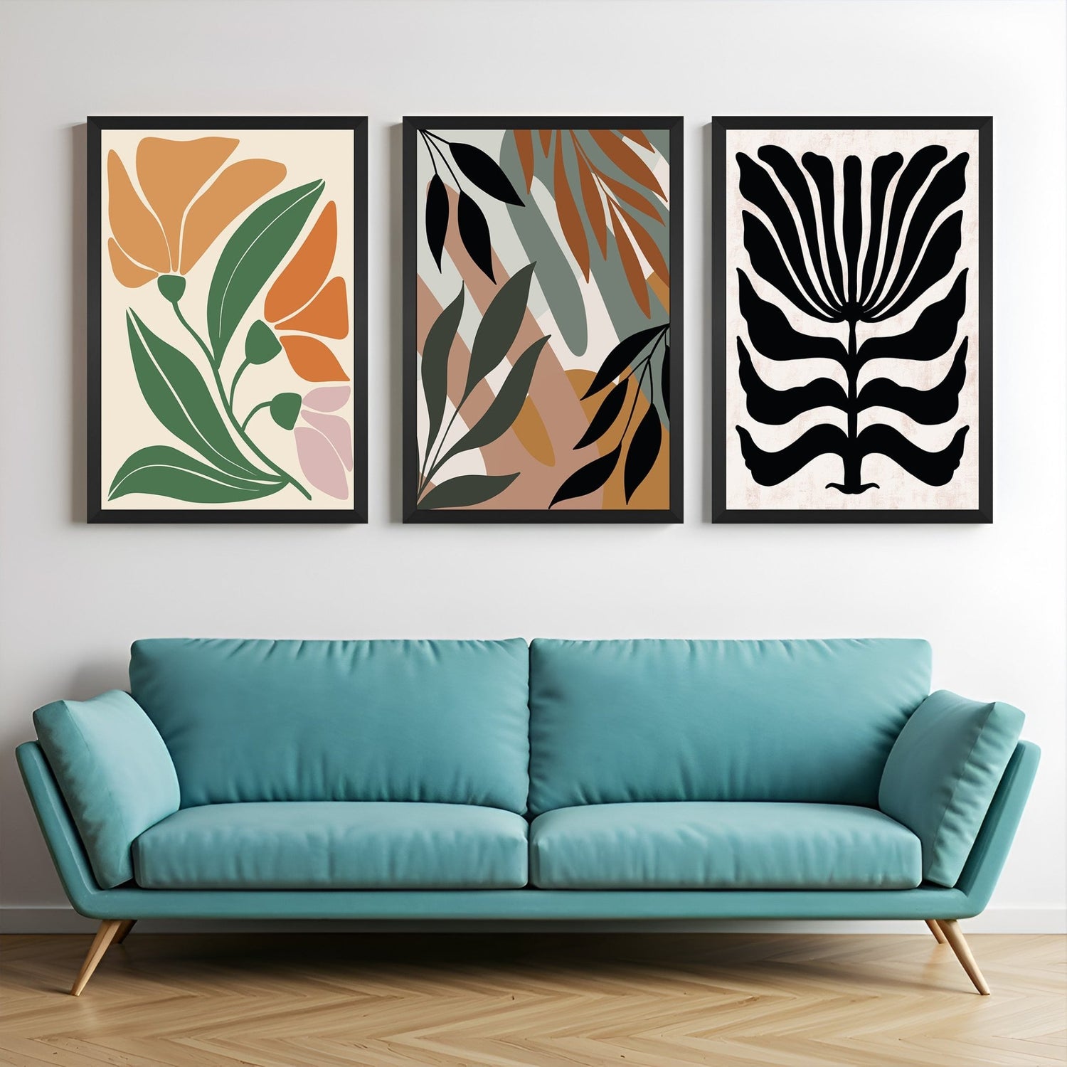 Set of 3 boho canvas prints featuring floral designs in soft tones – perfect for nature-inspired home decor