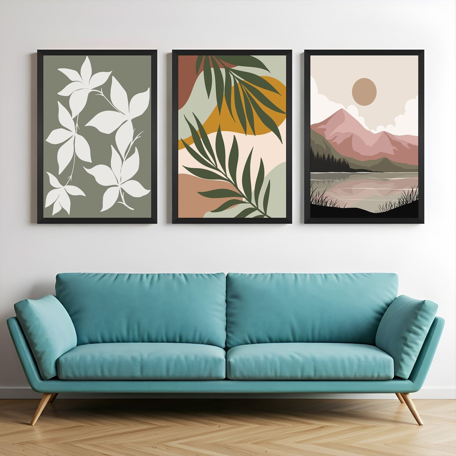 Set of 3 boho canvas prints featuring flower artwork, bohemian abstract design, and minimalist scenery – ideal for earthy home spaces
