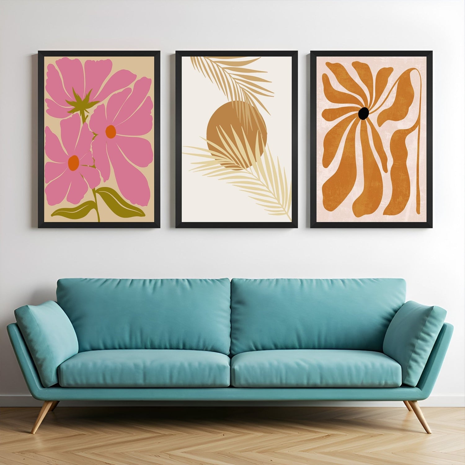Bohemian wall art trio with pink flowers, minimalistic art, and floral print – perfect for airy and elegant nature-inspired wall styling