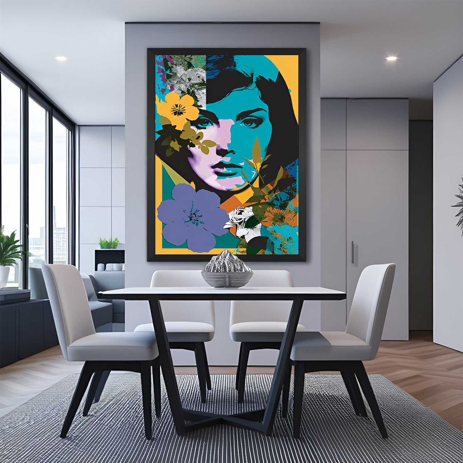 Black frame floral collage art – contemporary abstract canvas of woman’s face with flowers and geometric forms for stylish wall decor