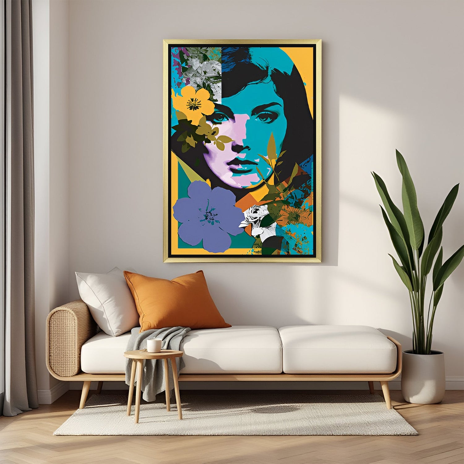 Golden frame abstract female portrait – canvas wall art blending modern floral collage and artistic feminine expressions