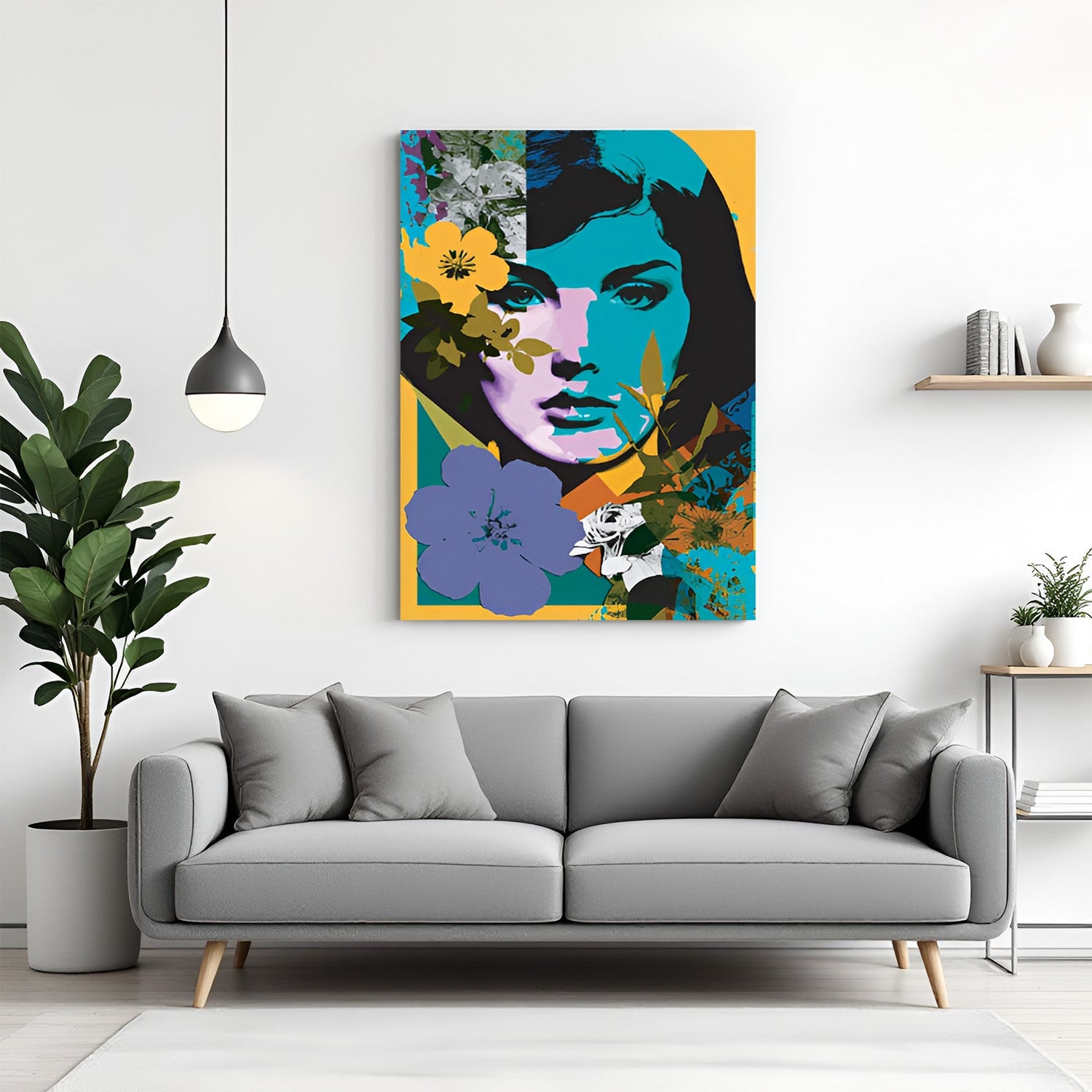 Floral collage female portrait – abstract wall art canvas featuring modern geometric shapes and a young woman with floral detailing