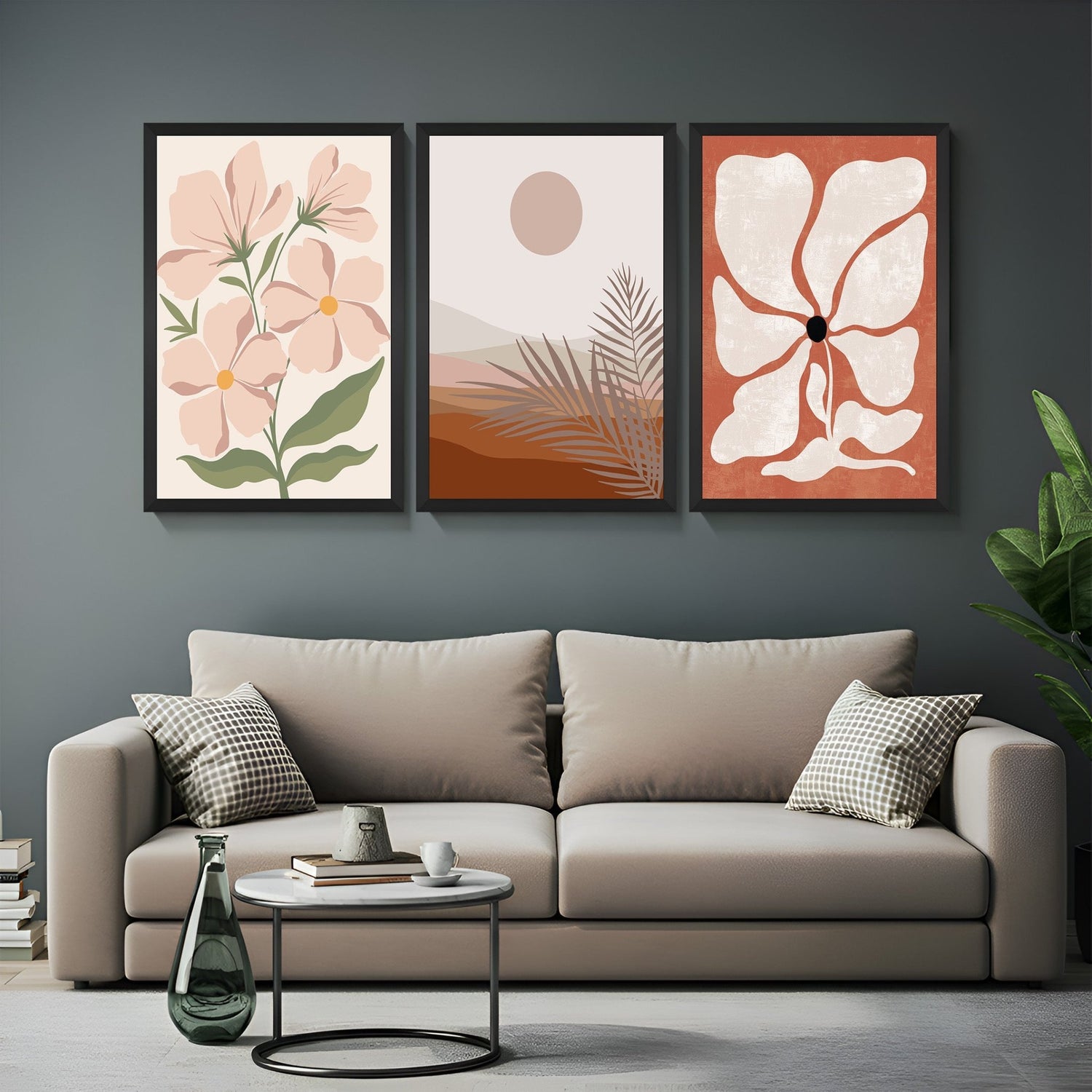 Boho canvas trio with four pastel flowers, desert art, and flower print – modern bohemian wall decor with botanical and earthy tones