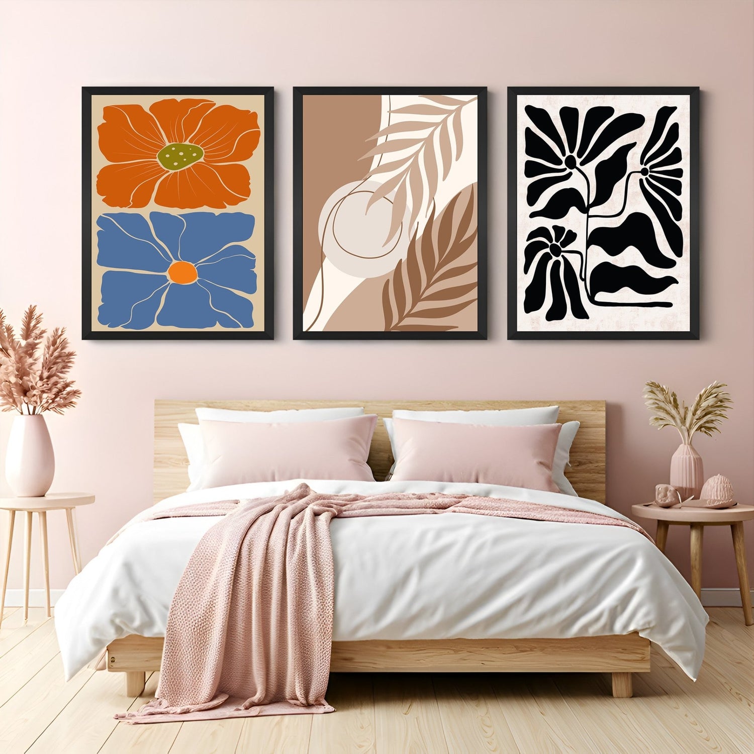 Bohemian canvas trio with colorful flowers, earthy brown art, and black and white floral design – stylish contrast for home interiors
