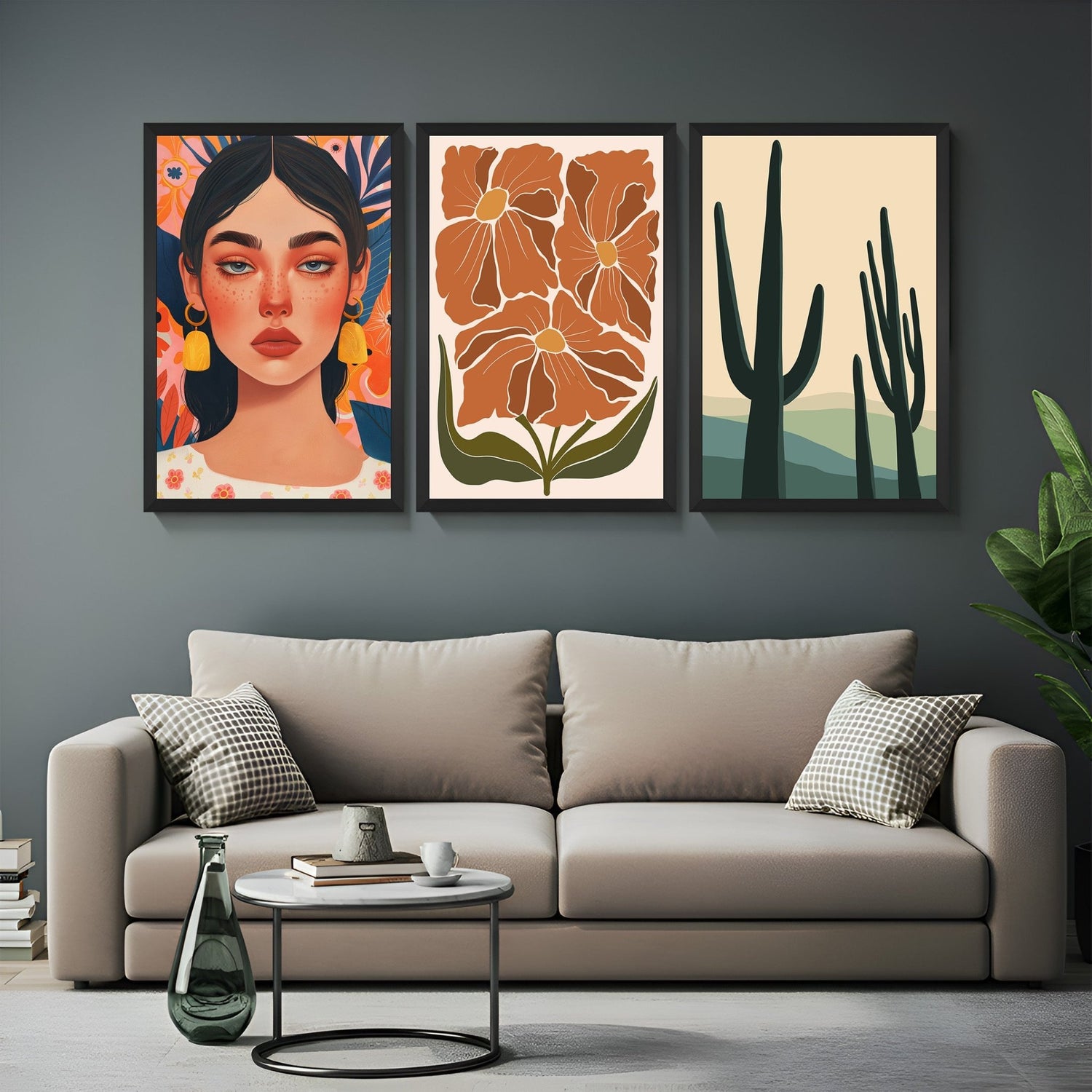 Set of 3 canvas prints with a soft girl face, three light-hued flowers, and minimalist cactus – ideal for modern boho-inspired interiors