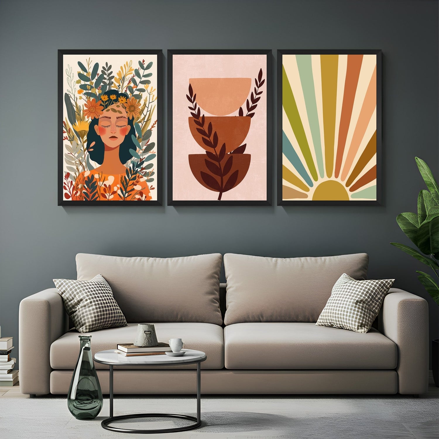 Set of 3 boho prints featuring expressive floral woman, minimal earth-tone semi-circles with leaves, and sun artwork with pastel/earthy rays