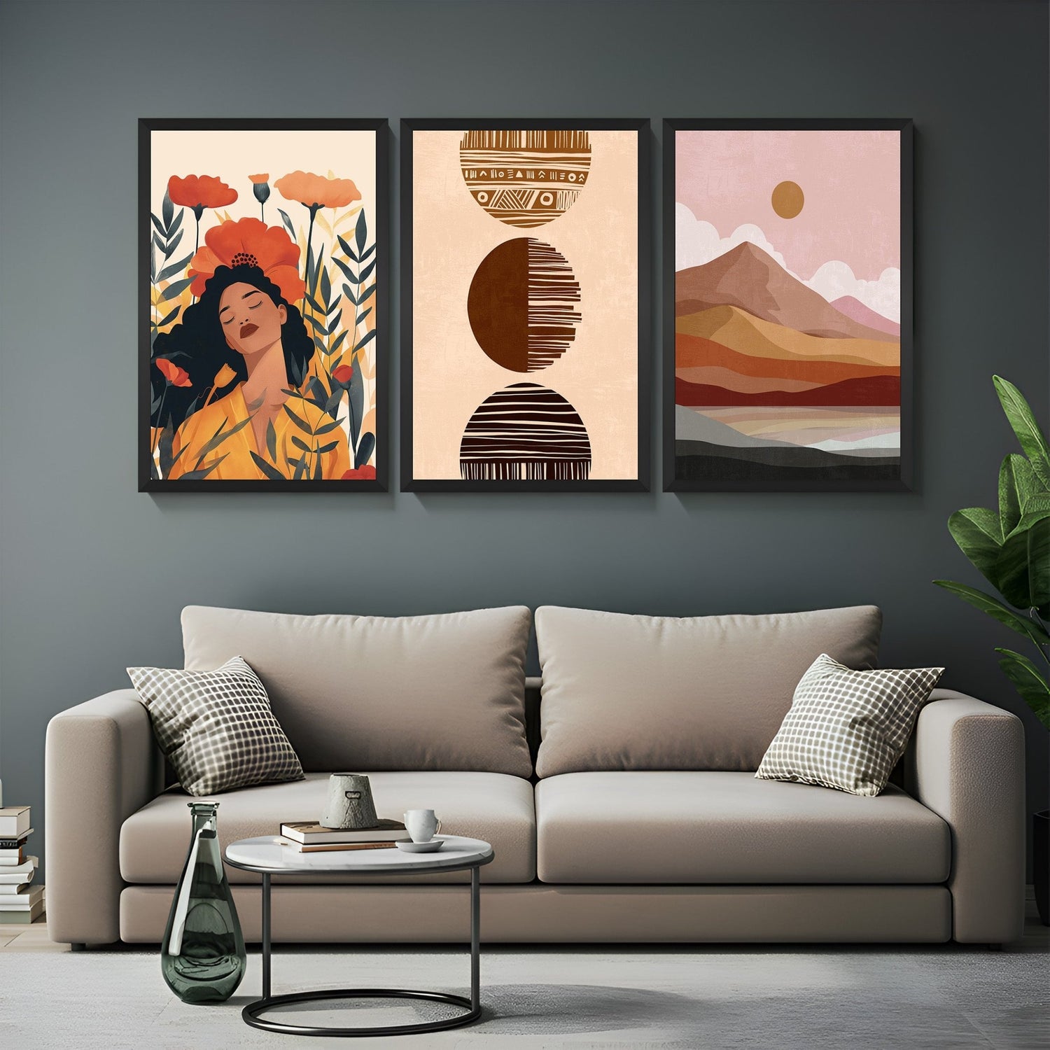 Set of 3 wall art prints featuring a floral girl canvas, minimal boho abstract, and mountain sunrise – ideal for earthy, warm-toned decor
