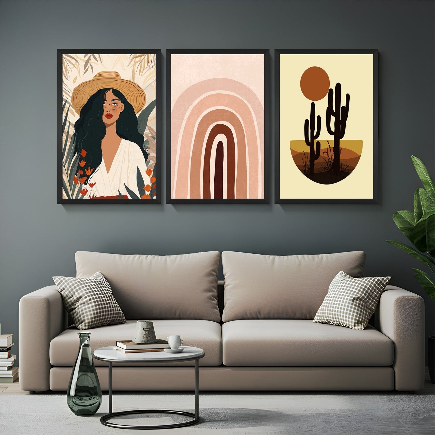 Set of 3 boho prints with bohemian hat girl, rainbow-like pastel artwork, and minimal desert scene – for warm modern boho home decor