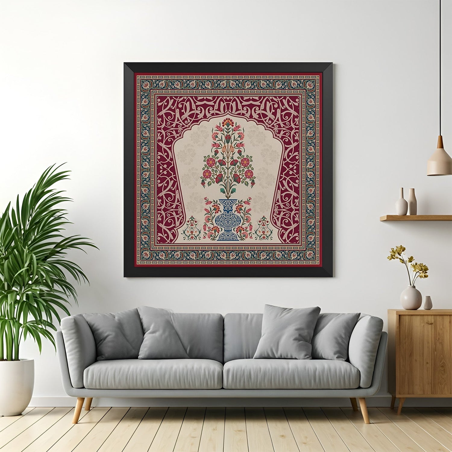 Black frame Kalamkari floral painting in canvas form for stylish Indian ethnic home decor with artisan-inspired detailed wall art