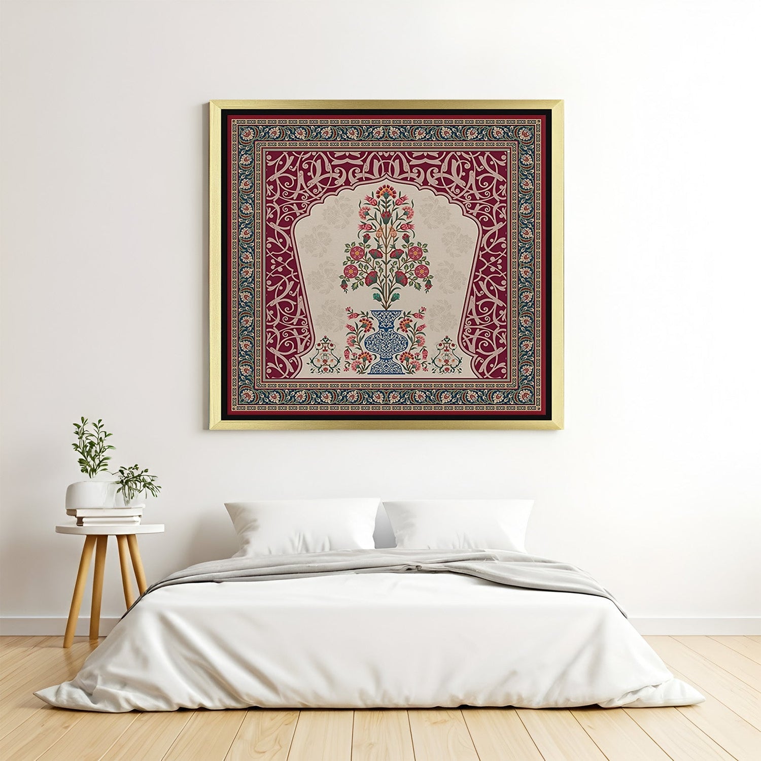 Golden frame Kalamkari canvas wall art with blooming floral patterns and traditional Indian charm for artistic and elegant home wall decoration