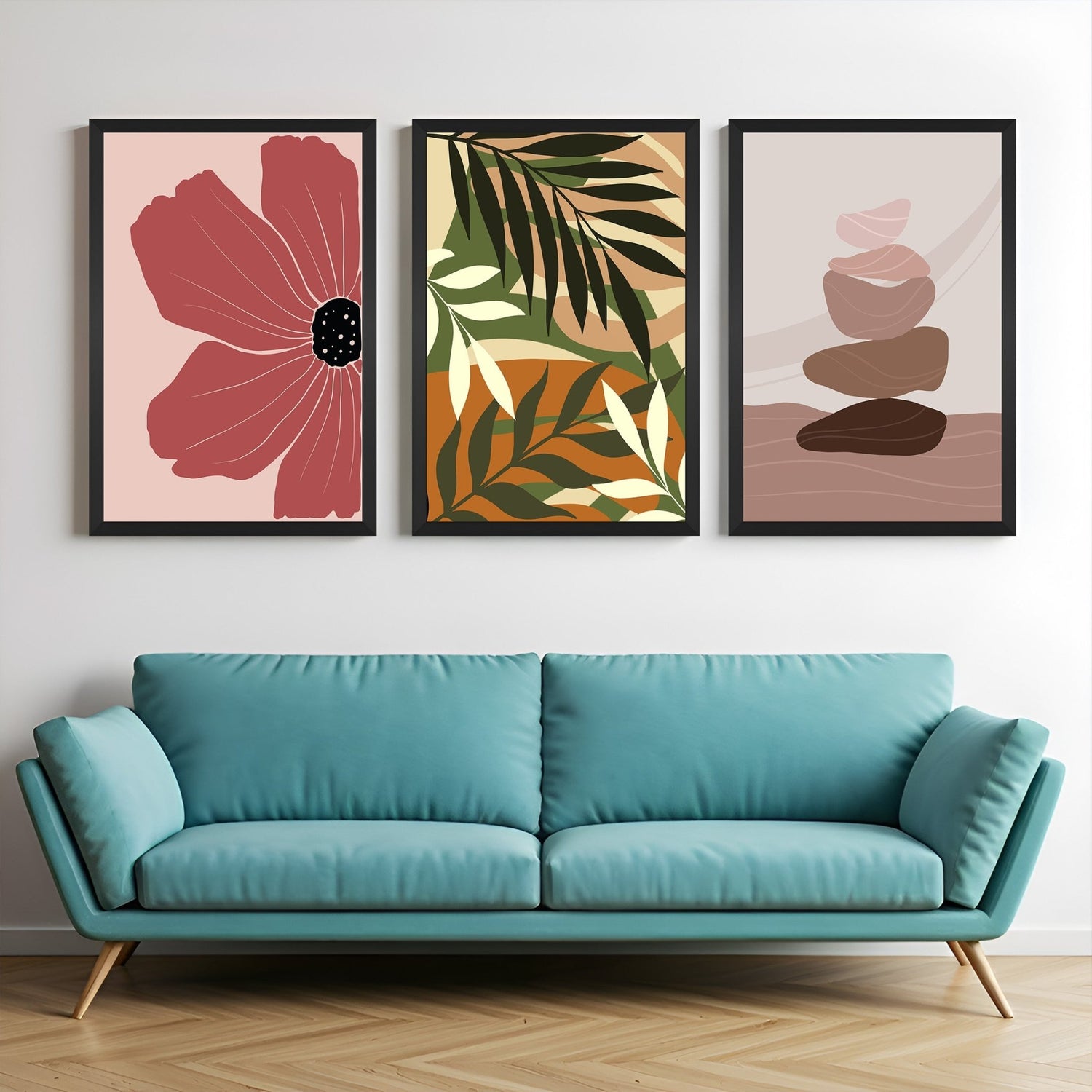 Set of 3 boho canvas prints featuring flower art, nature-inspired floral pattern, and rock sculpture – ideal for calm, grounded interiors