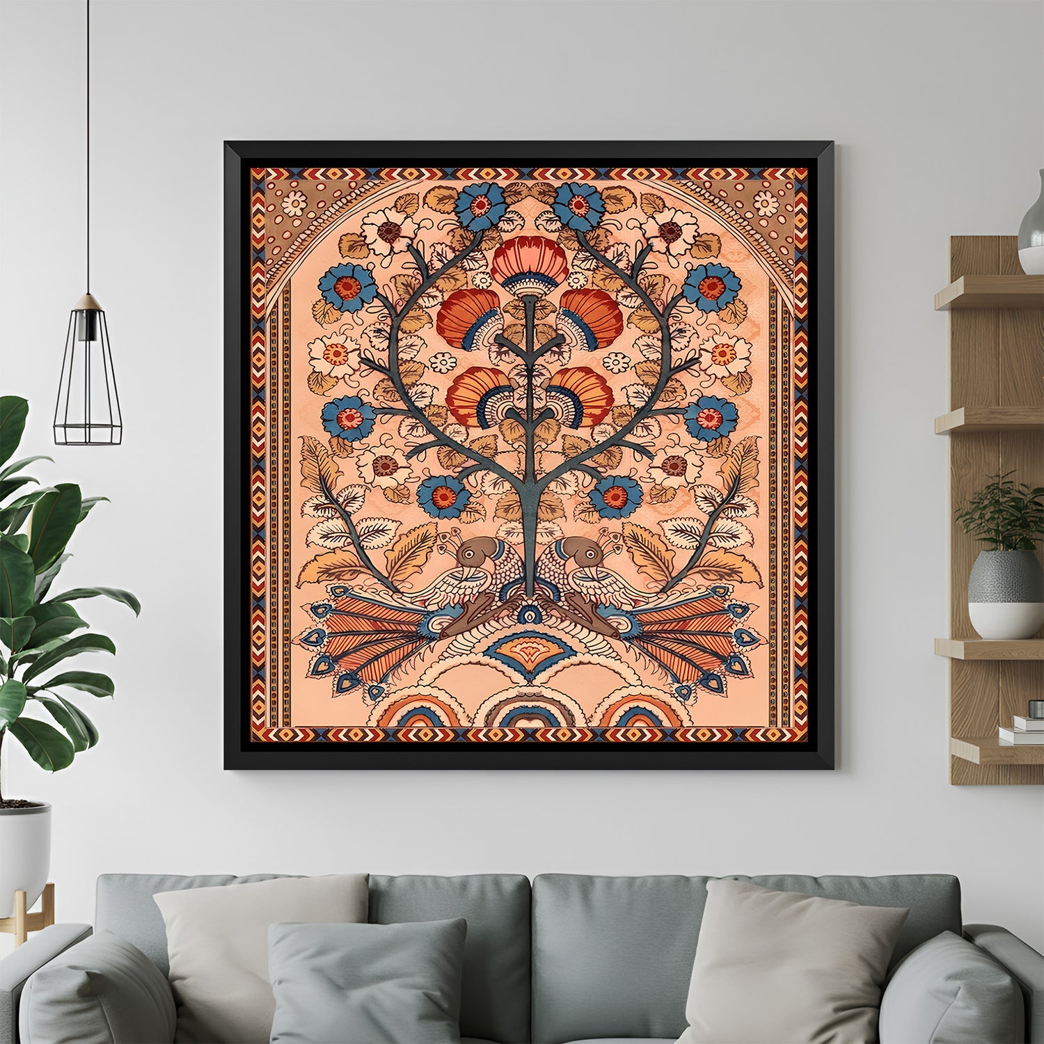 Floral peacock Kalamkari wall painting in elegant black floater frame for ethnic and luxury interiors